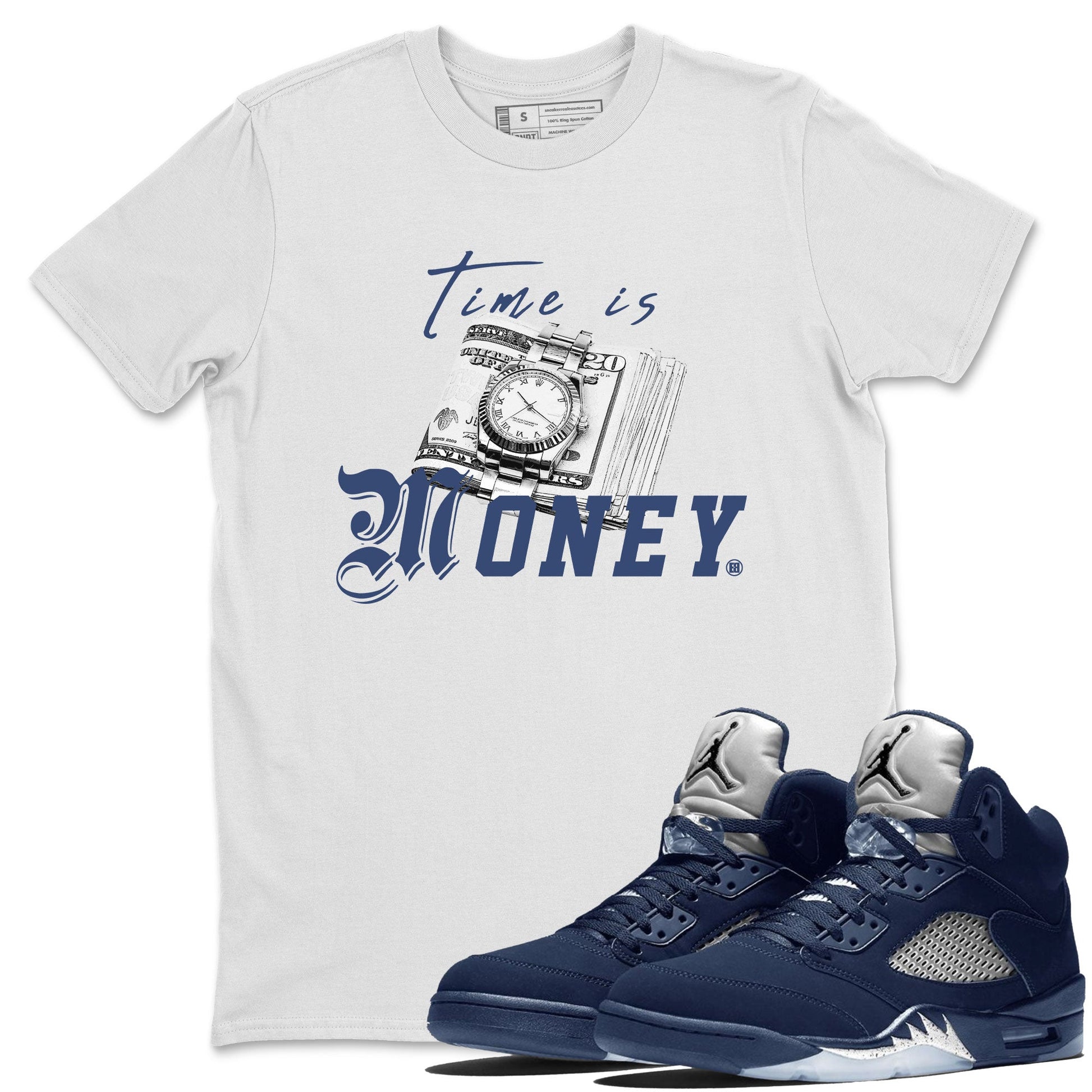 Jordan 5 Retro Midnight Navy shirt to match jordans Time Is Money sneaker tees Air Jordan 5 Georgetown SNRT Sneaker Release Tees Unisex White 1 T-Shirt