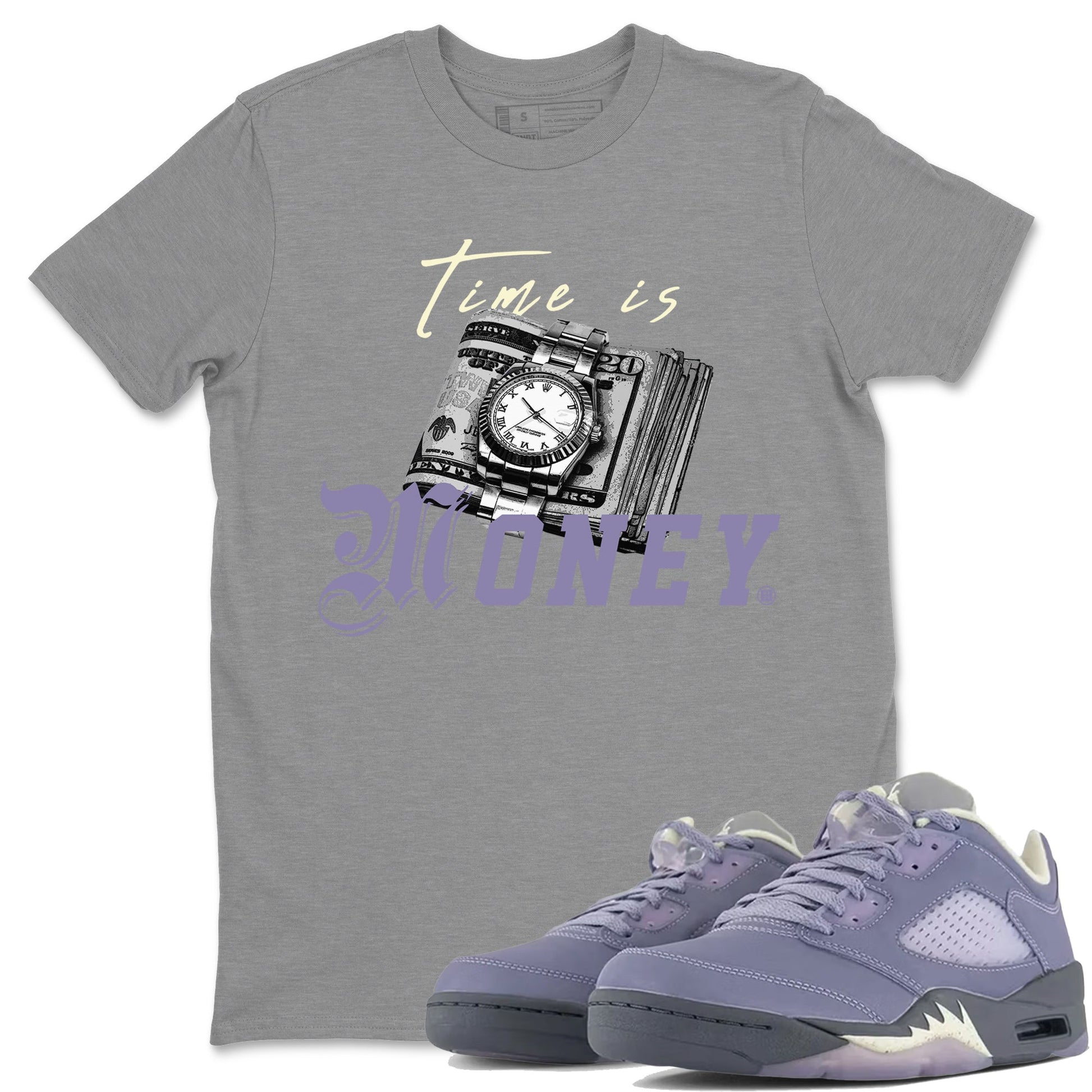 5s Indigo Haze Sneaker Match Tees Time Is Money Sneaker T-Shirt Air Jordan 5 Indigo Haze Sneaker Release Tees Unisex Shirts Heather Grey 1