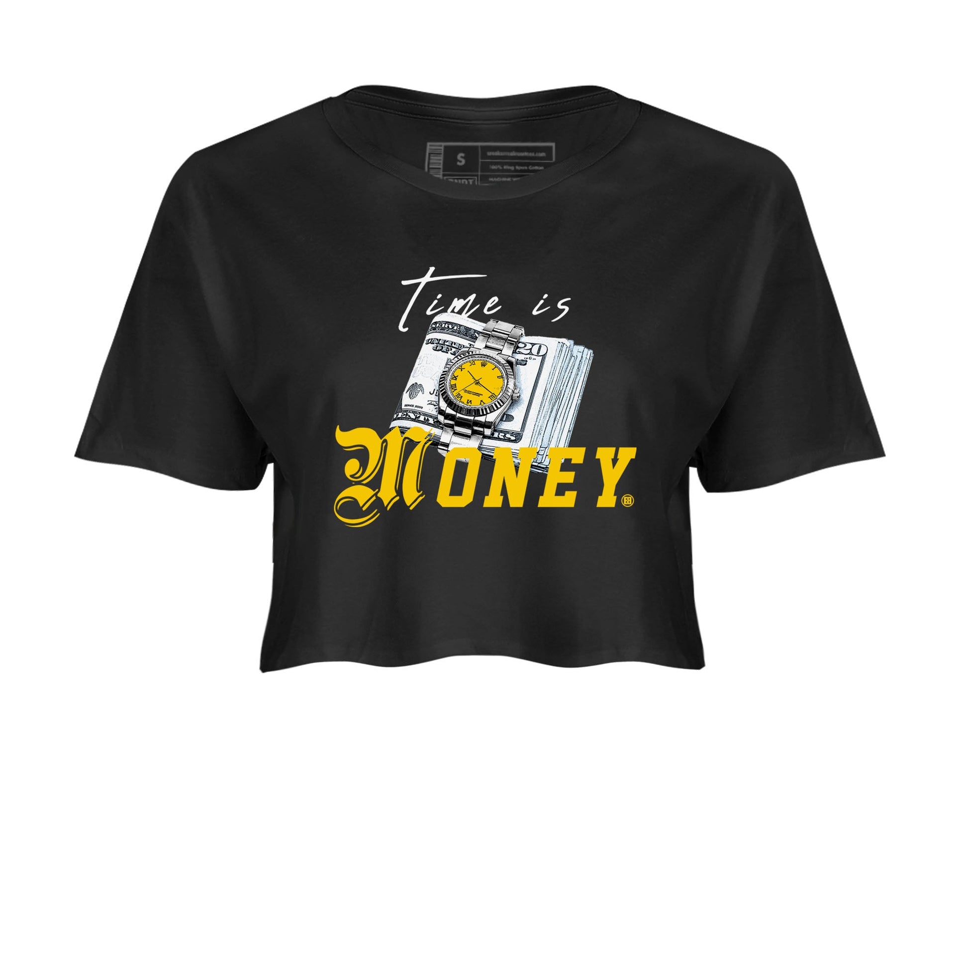 Time Is Money sneaker match tees to Yellow Ochre 6s street fashion brand for shirts to match Jordans SNRT Sneaker Tees Air Jordan 6 Yellow Ochre unisex t-shirt Black 2 crop shirt