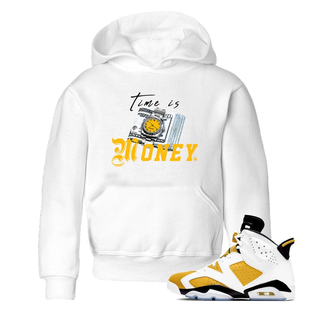 Time Is Money sneaker match tees to Yellow Ochre 6s street fashion brand for shirts to match Jordans SNRT Sneaker Tees Air Jordan 6 Yellow Ochre unisex t-shirt White 1 youth shirt
