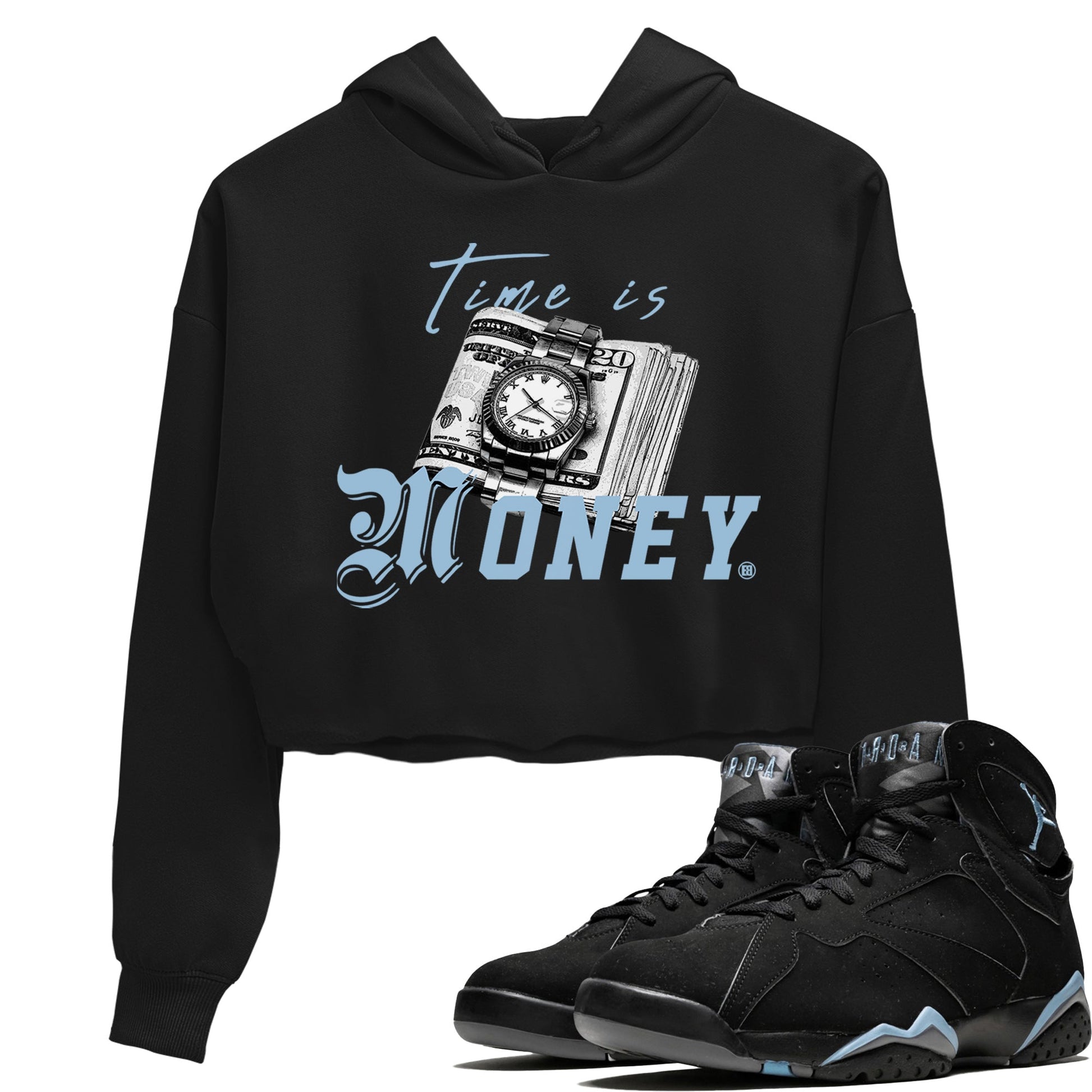 Air Jordan 7 Chambray Sneaker Match Tees Time Is Money Sneaker T-Shirt AJ7 Chambray Sneaker Release Tees Women's Shirts Black 1