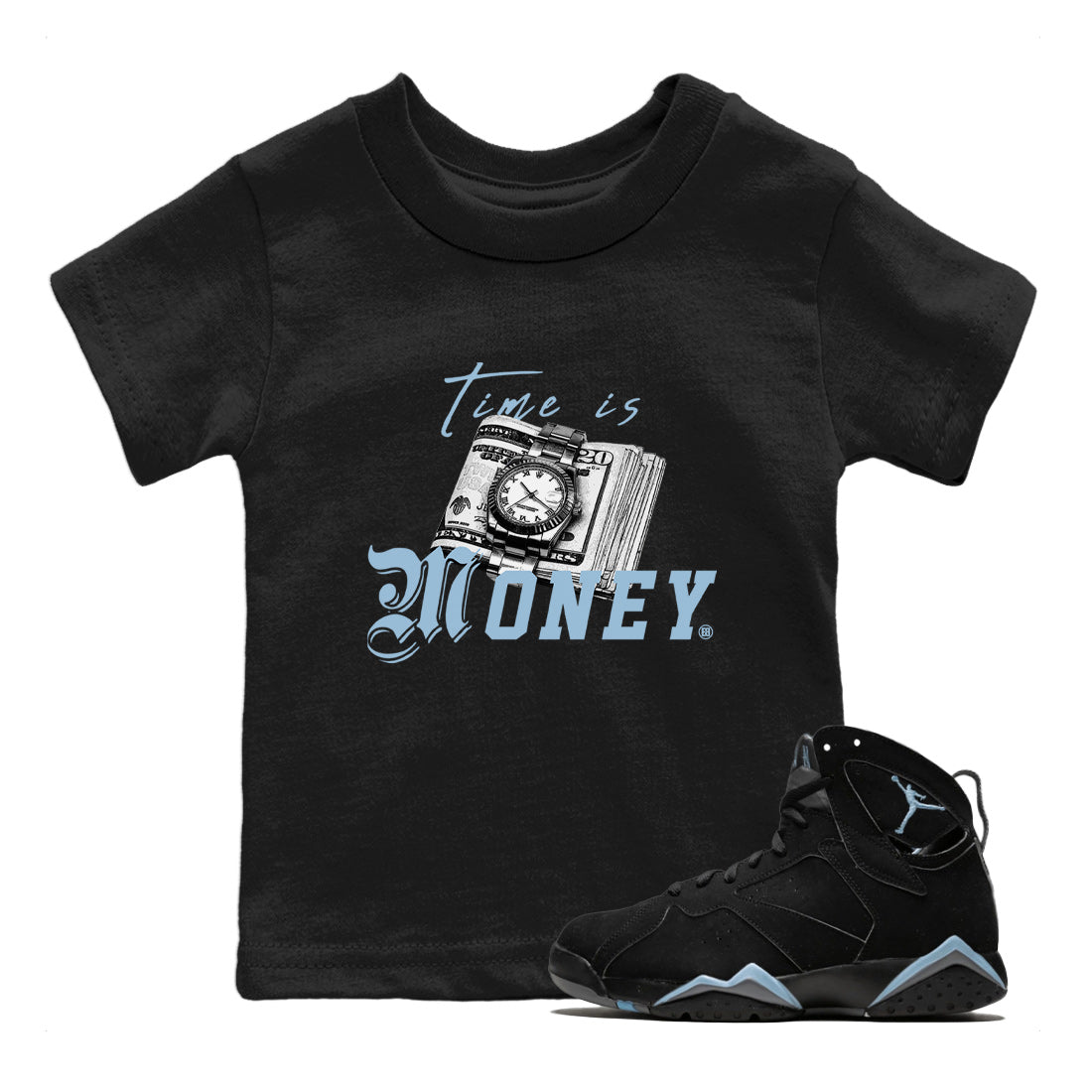 Air Jordan 7 Chambray Sneaker Match Tees Time Is Money Sneaker T-Shirt AJ7 Chambray Sneaker Release Tees Kids Shirts Black 1