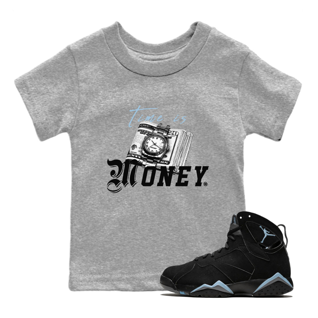 Air Jordan 7 Chambray Sneaker Match Tees Time Is Money Sneaker T-Shirt AJ7 Chambray Sneaker Release Tees Kids Shirts Heather Grey 1