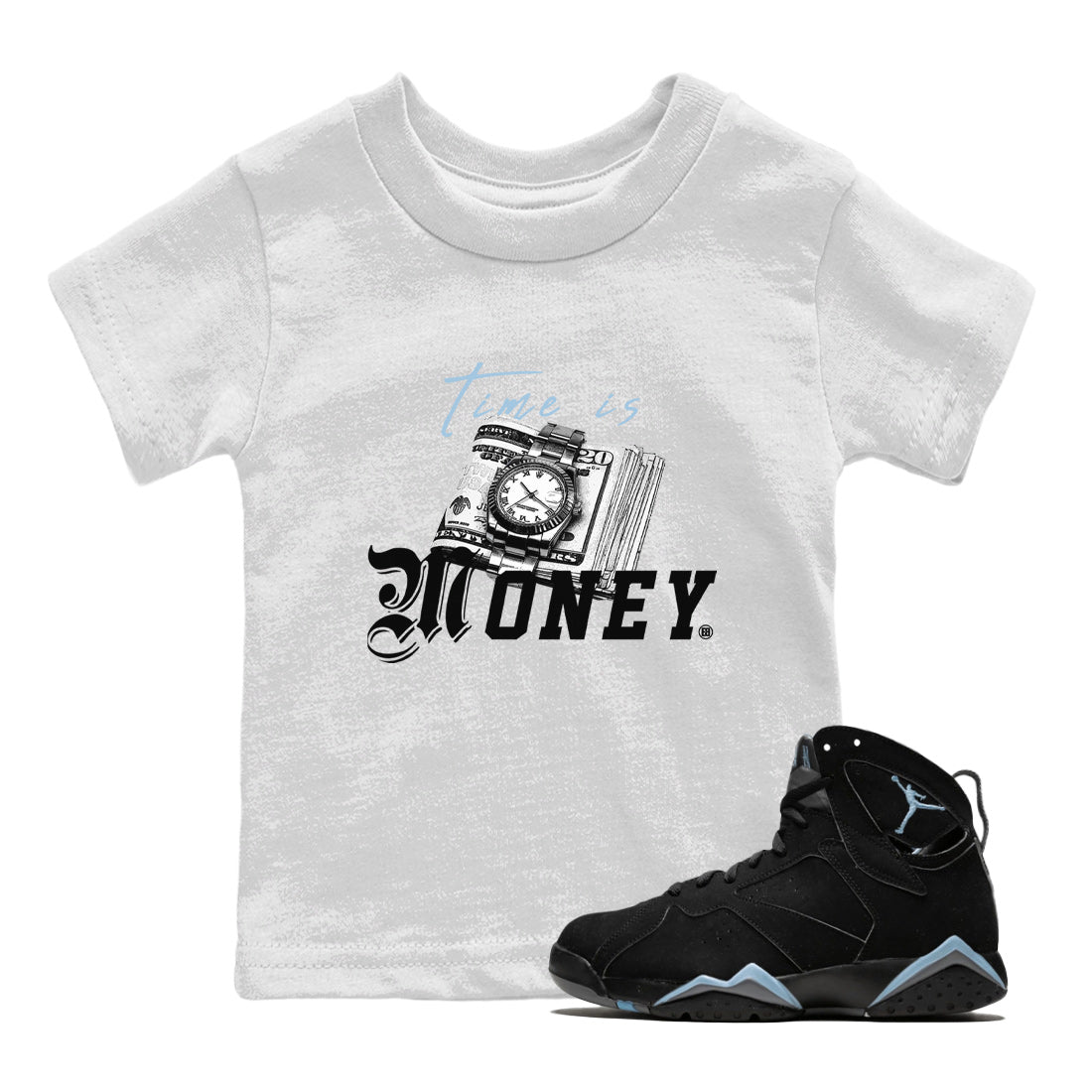 Air Jordan 7 Chambray Sneaker Match Tees Time Is Money Sneaker T-Shirt AJ7 Chambray Sneaker Release Tees Kids Shirts White 1