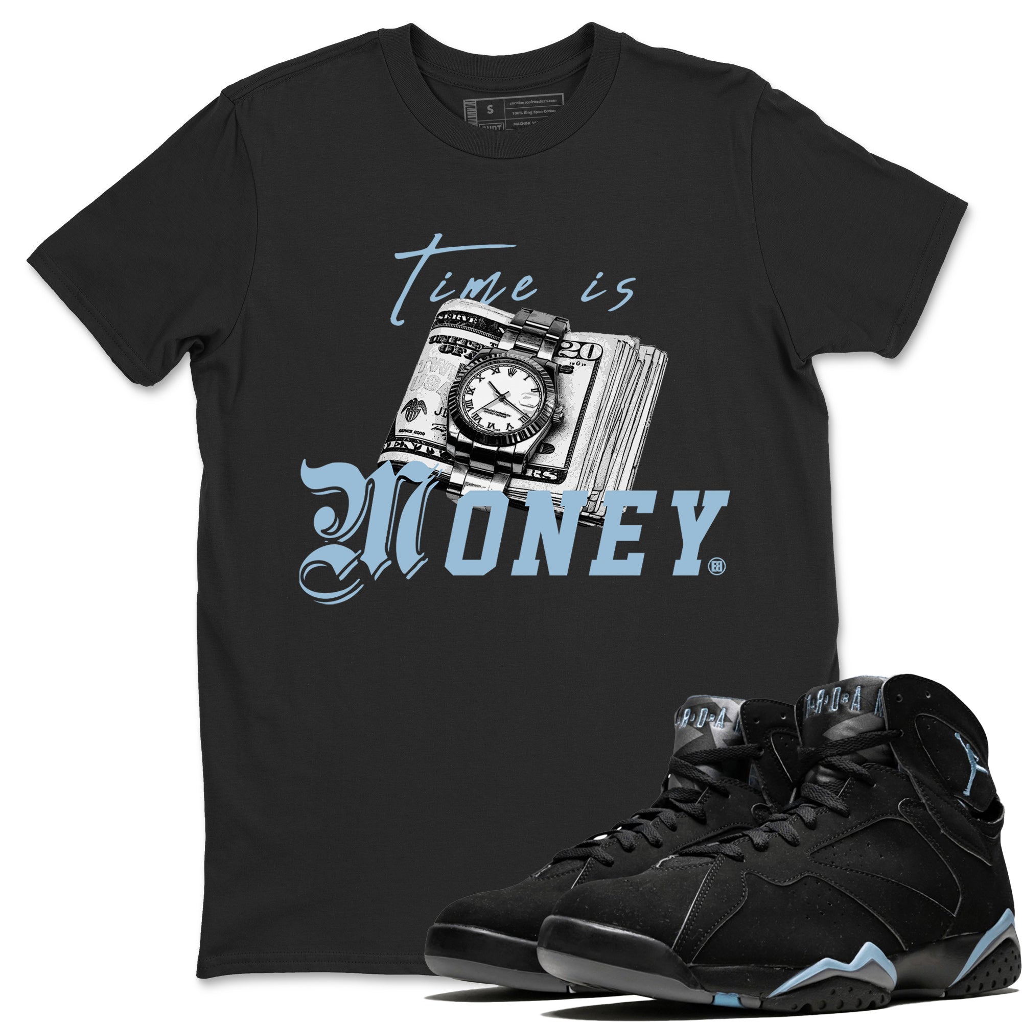 Air Jordan 7 Chambray Sneaker Match Tees Time Is Money Sneaker T-Shirt AJ7 Chambray Sneaker Release Tees Unisex Shirts Black 1