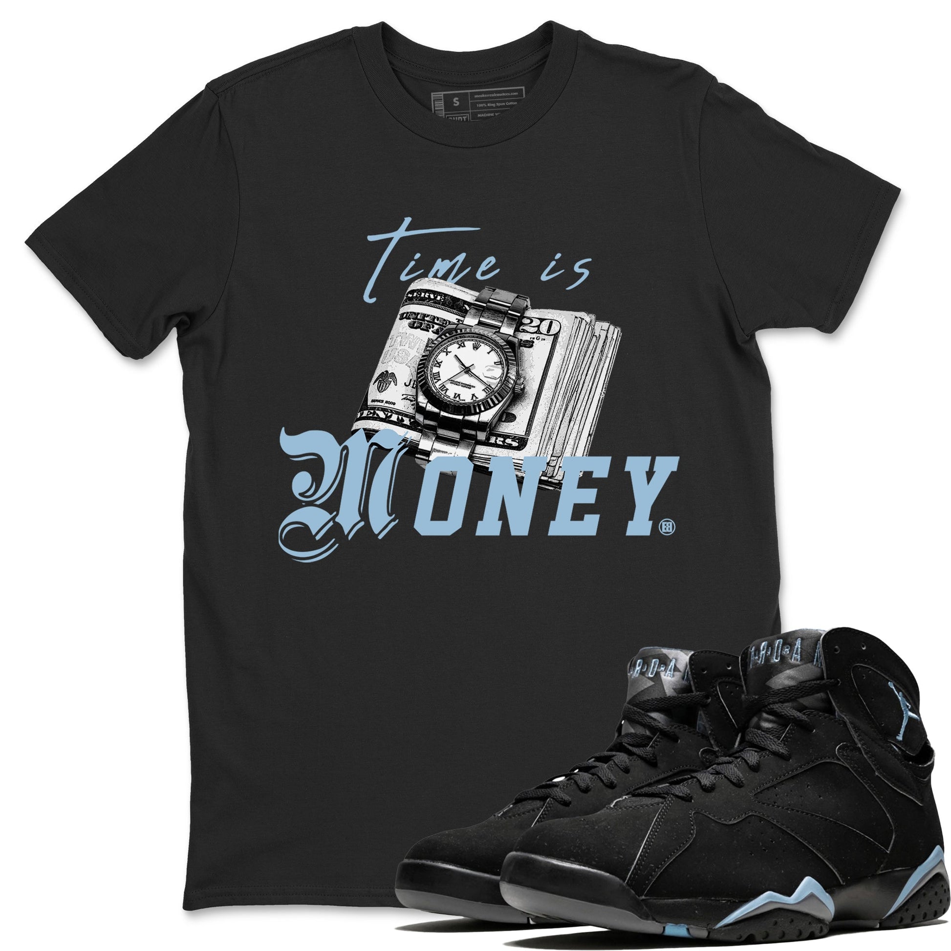 Air Jordan 7 Chambray Sneaker Match Tees Time Is Money Sneaker T-Shirt AJ7 Chambray Sneaker Release Tees Unisex Shirts Black 1