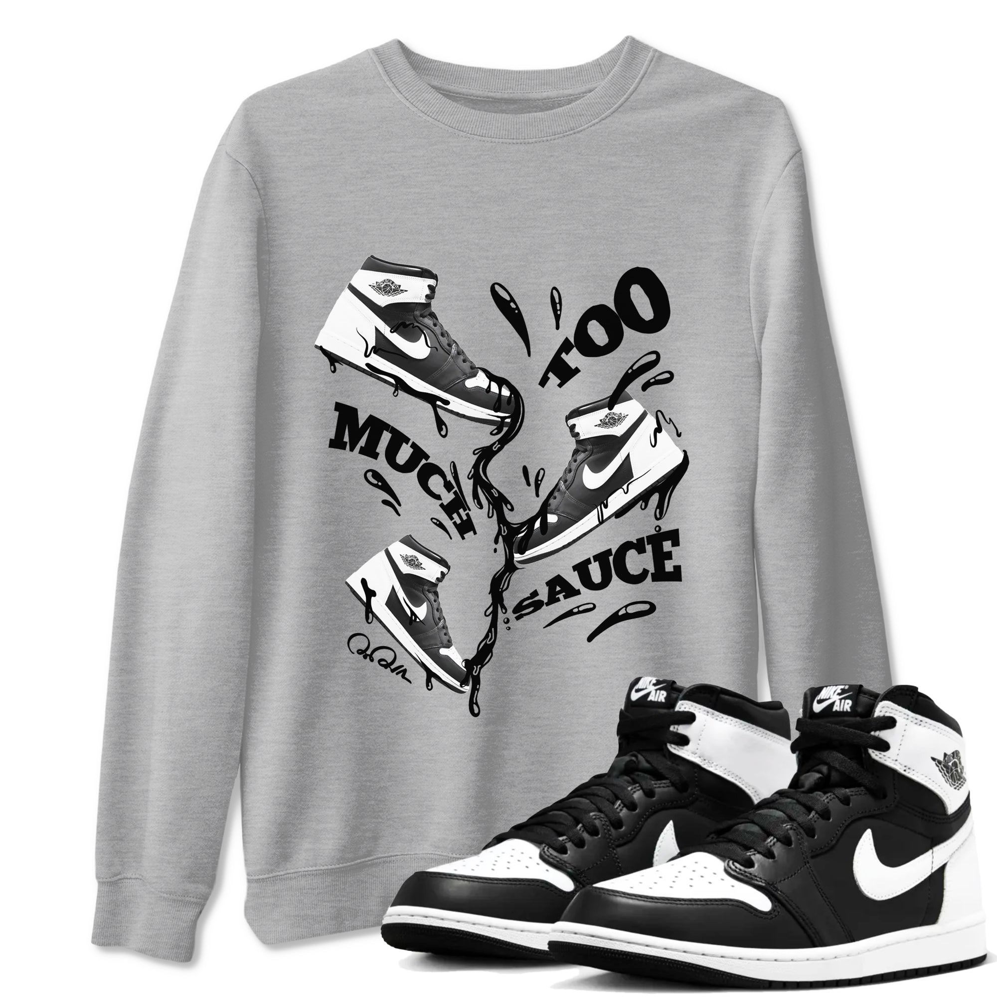 1s Black White shirt to match jordans Too Much Sauce sneaker tees Air Jordan 1 High OG Black White SNRT Sneaker Release Tees unisex cotton Heather Grey 1 crew neck shirt