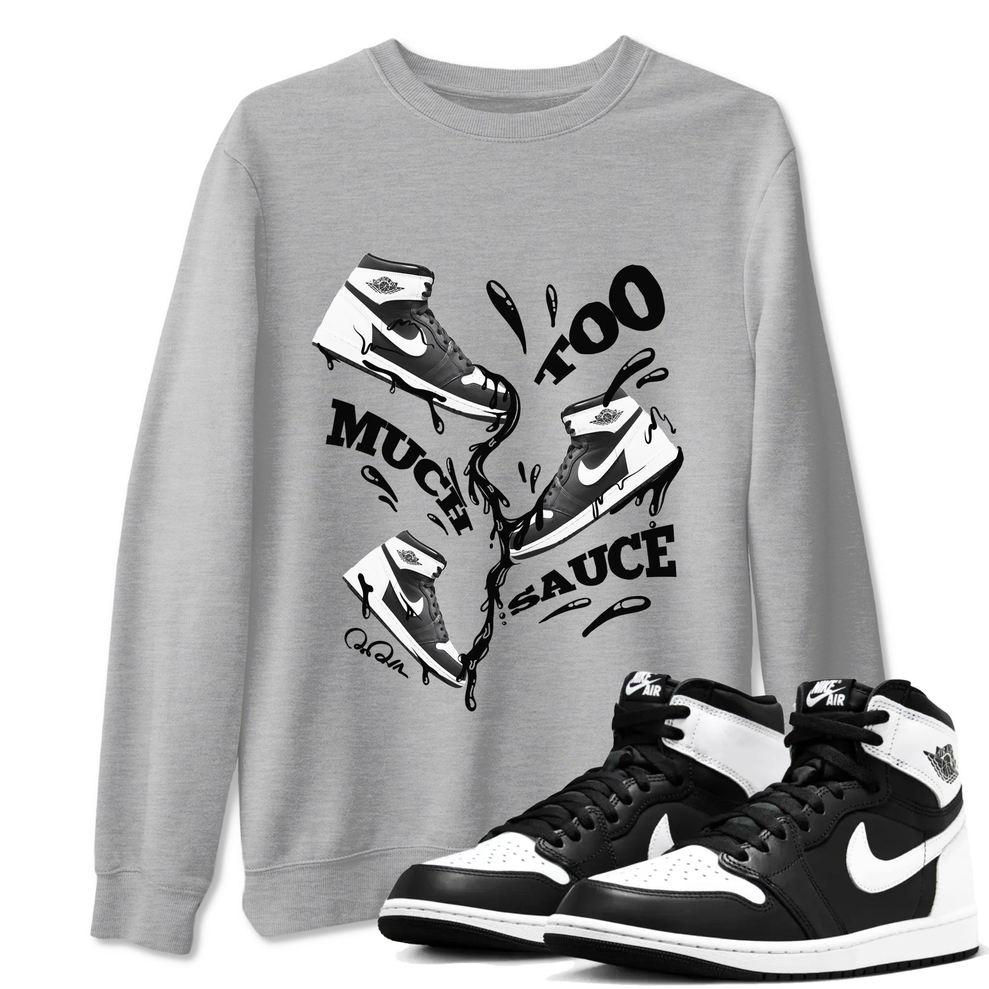 1s Black White shirt to match jordans Too Much Sauce sneaker tees Air Jordan 1 High OG Black White SNRT Sneaker Release Tees unisex cotton Heather Grey 1 crew neck shirt