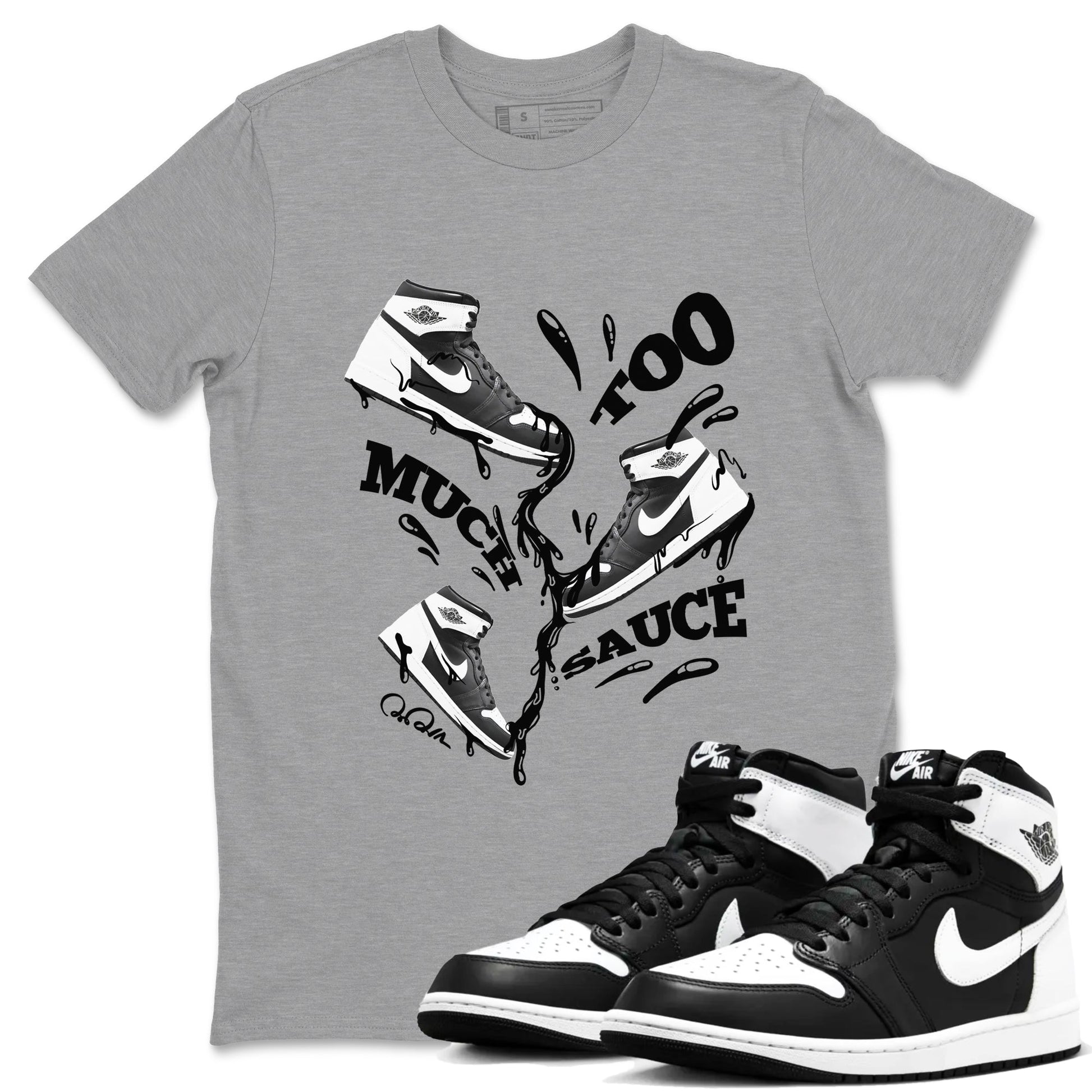 1s Black White shirt to match jordans Too Much Sauce sneaker tees Air Jordan 1 High OG Black White SNRT Sneaker Release Tees unisex cotton Heather Grey 1 crew neck shirt