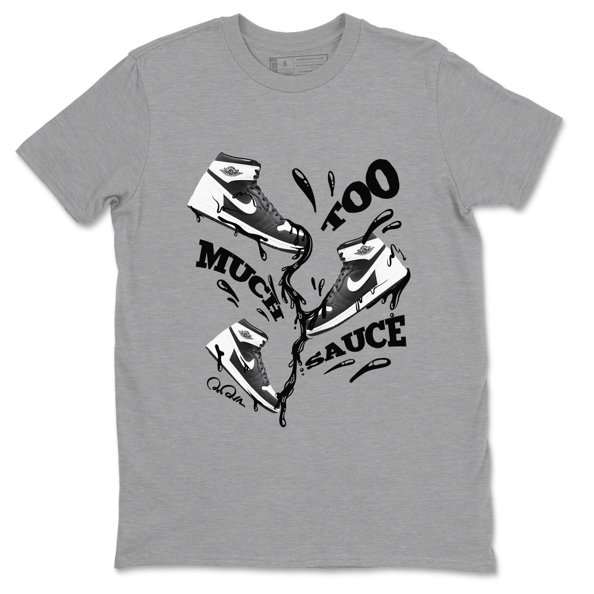 1s Black White shirt to match jordans Too Much Sauce sneaker tees Air Jordan 1 High OG Black White SNRT Sneaker Release Tees unisex cotton Heather Grey 2 crew neck shirt
