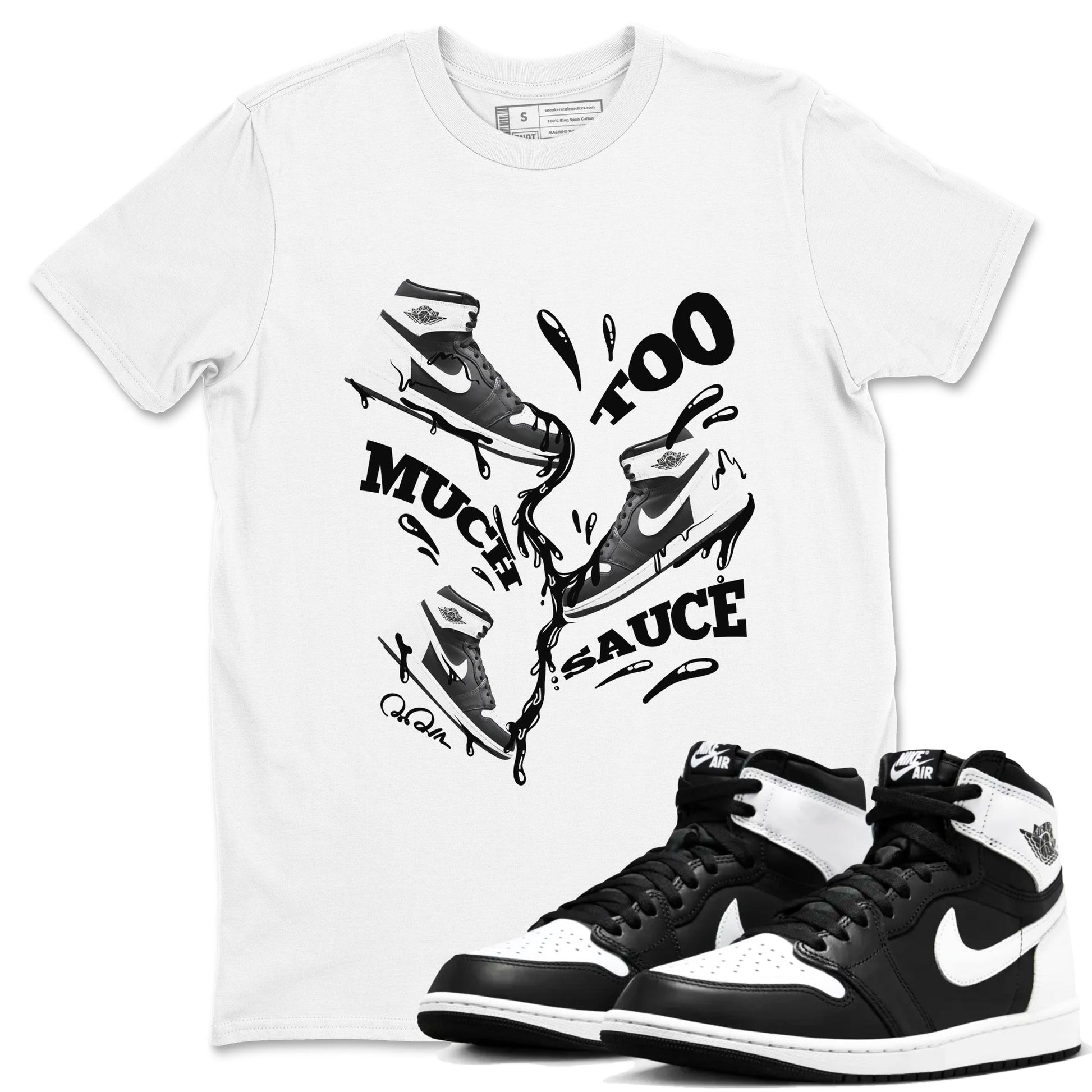 1s Black White shirt to match jordans Too Much Sauce sneaker tees Air Jordan 1 High OG Black White SNRT Sneaker Release Tees unisex cotton White 1 crew neck shirt