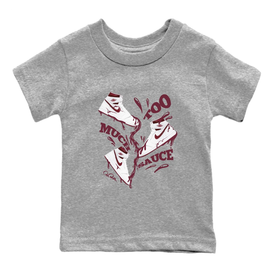1s Metallic Burgundy shirt to match jordans Too Much Sauce sneaker tees AJ1 Metallic Burgundy SNRT Sneaker Release Tees Baby Toddler Heather Grey 2 T-Shirt