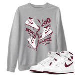 1s Metallic Burgundy shirt to match jordans Too Much Sauce sneaker tees AJ1 Metallic Burgundy SNRT Sneaker Release Tees Unisex Heather Grey 1 T-Shirt