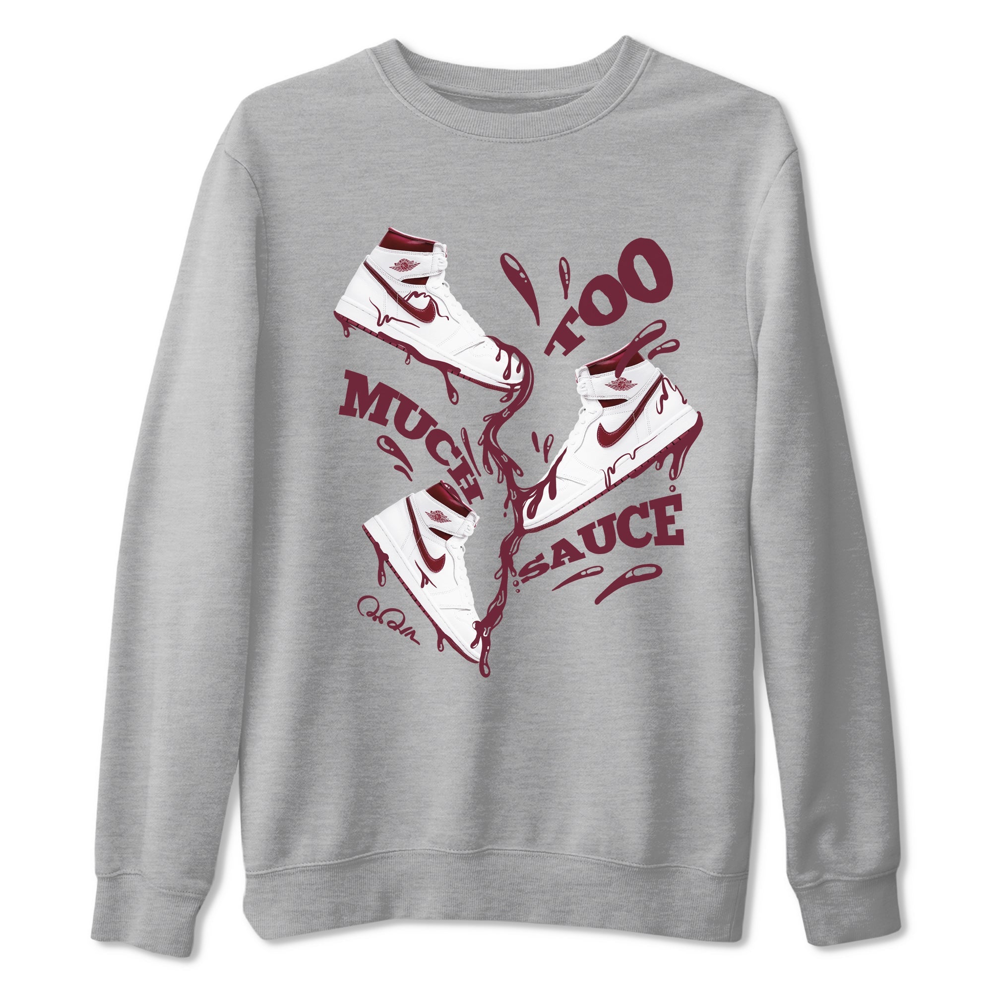 1s Metallic Burgundy shirt to match jordans Too Much Sauce sneaker tees AJ1 Metallic Burgundy SNRT Sneaker Release Tees Unisex Heather Grey 2 T-Shirt