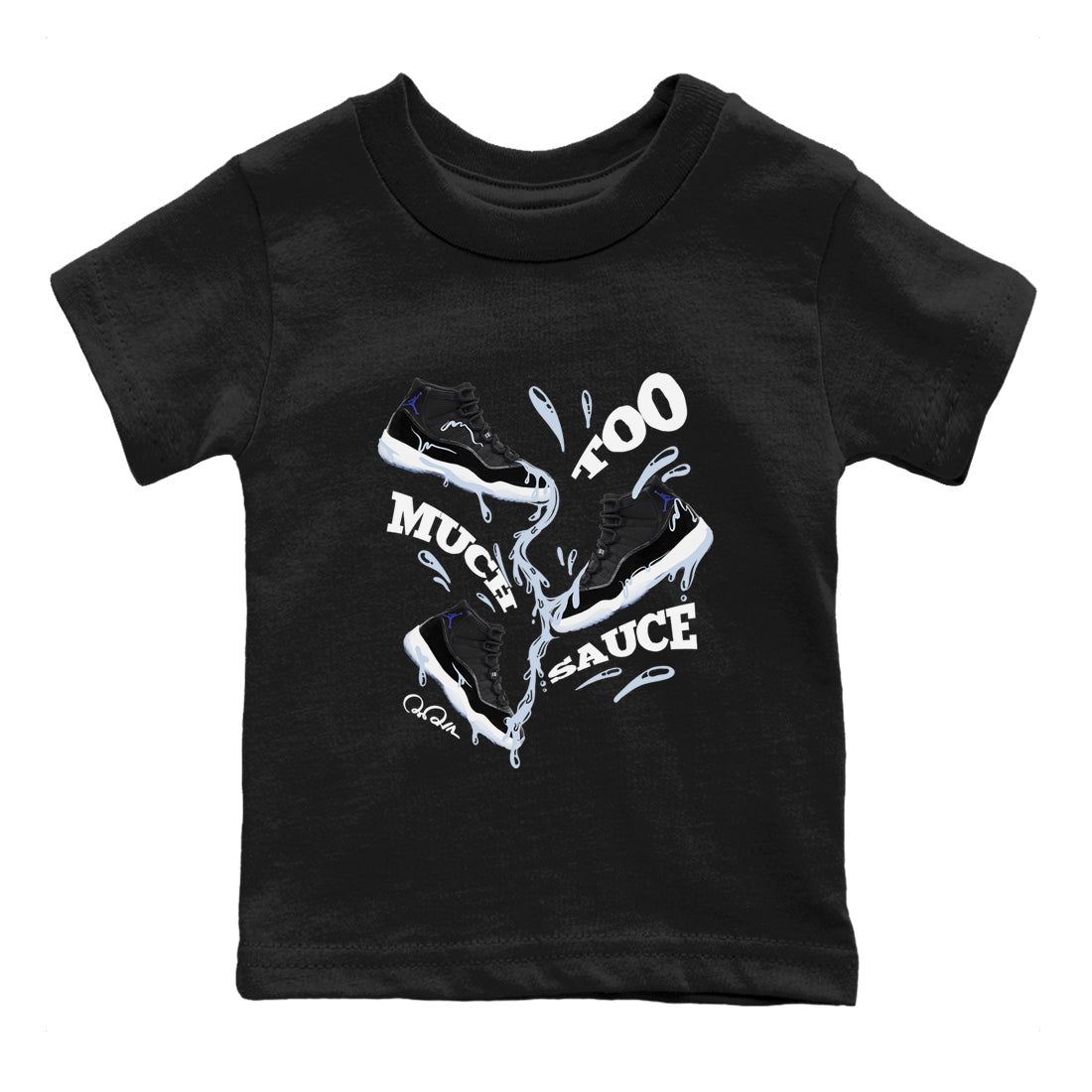 11s Space Jam shirt to match jordans Too Much Sauce sneaker tees Air Jordan 11 Space Jam SNRT Sneaker Release Tees Baby Toddler Black 2 T-Shirt