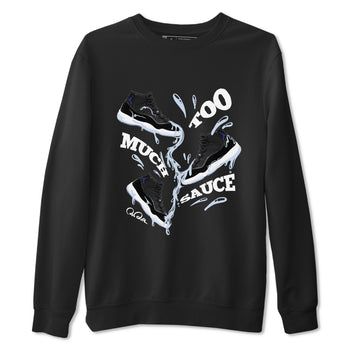 11s Black and Varsity Royal shirt to match jordans Too Much Sauce sneaker tees Air Jordan 11 Black/Varsity Royal SNRT Sneaker Release Tees Unisex Black 2 T-Shirt