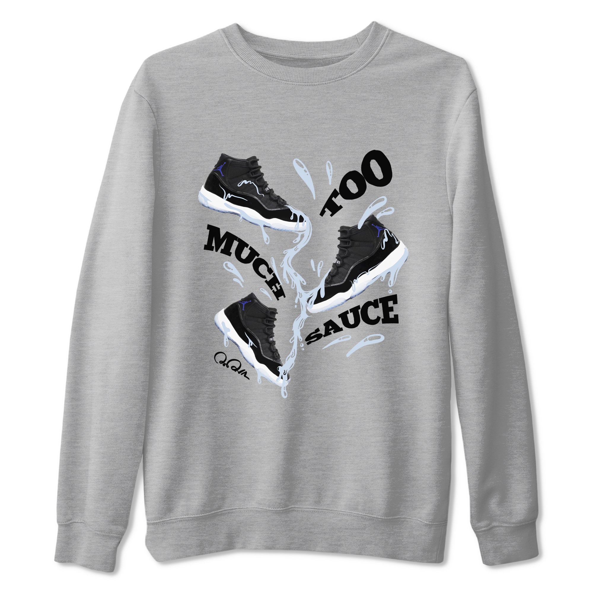 11s Black and Varsity Royal shirt to match jordans Too Much Sauce sneaker tees Air Jordan 11 Black/Varsity Royal SNRT Sneaker Release Tees Unisex Heather Grey 2 T-Shirt