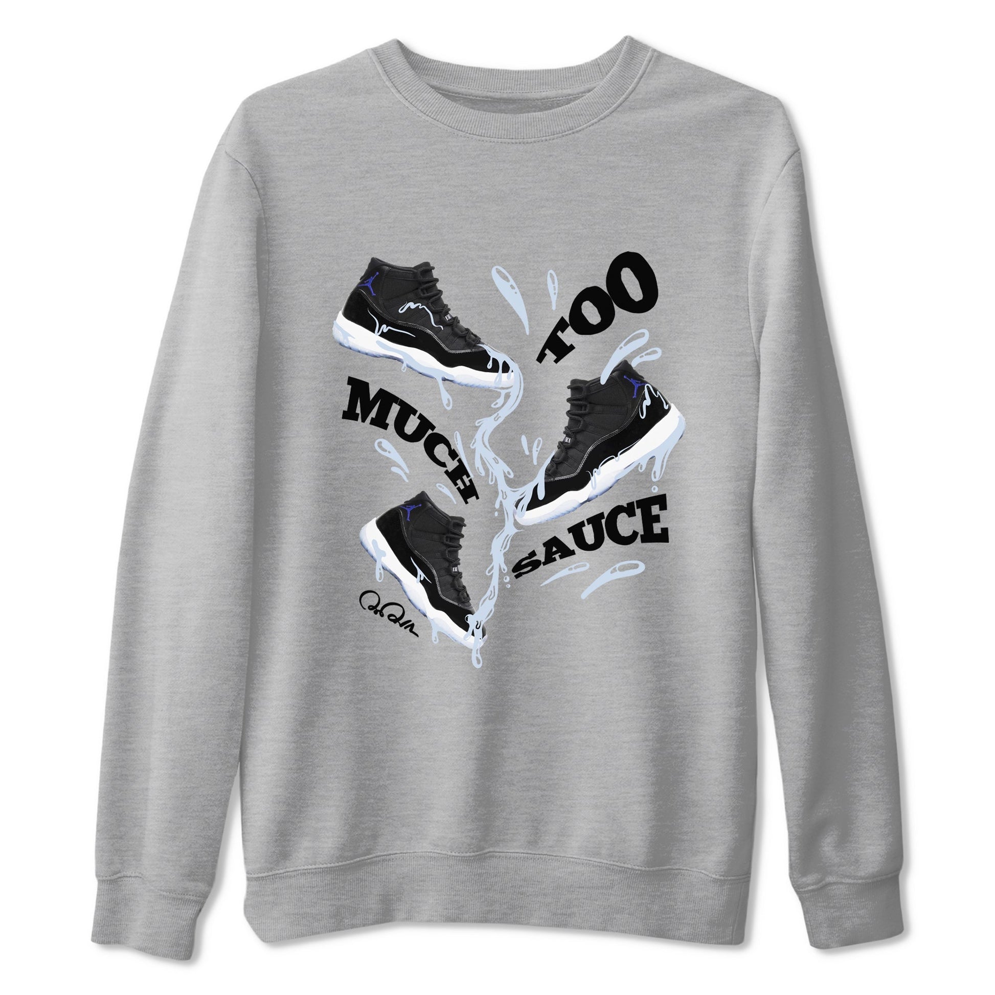 11s Black and Varsity Royal shirt to match jordans Too Much Sauce sneaker tees Air Jordan 11 Black/Varsity Royal SNRT Sneaker Release Tees Unisex Heather Grey 2 T-Shirt