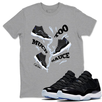 11s Black and Varsity Royal shirt to match jordans Too Much Sauce sneaker tees Air Jordan 11 Black/Varsity Royal SNRT Sneaker Release Tees Unisex Heather Grey 1 T-Shirt