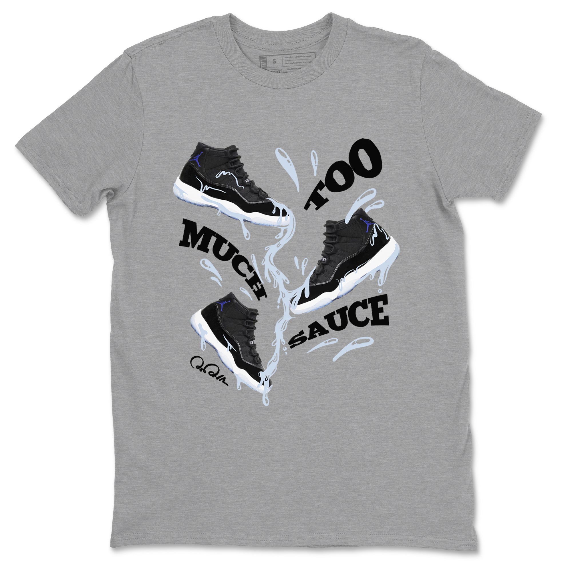 11s Black and Varsity Royal shirt to match jordans Too Much Sauce sneaker tees Air Jordan 11 Black/Varsity Royal SNRT Sneaker Release Tees Unisex Heather Grey 2 T-Shirt