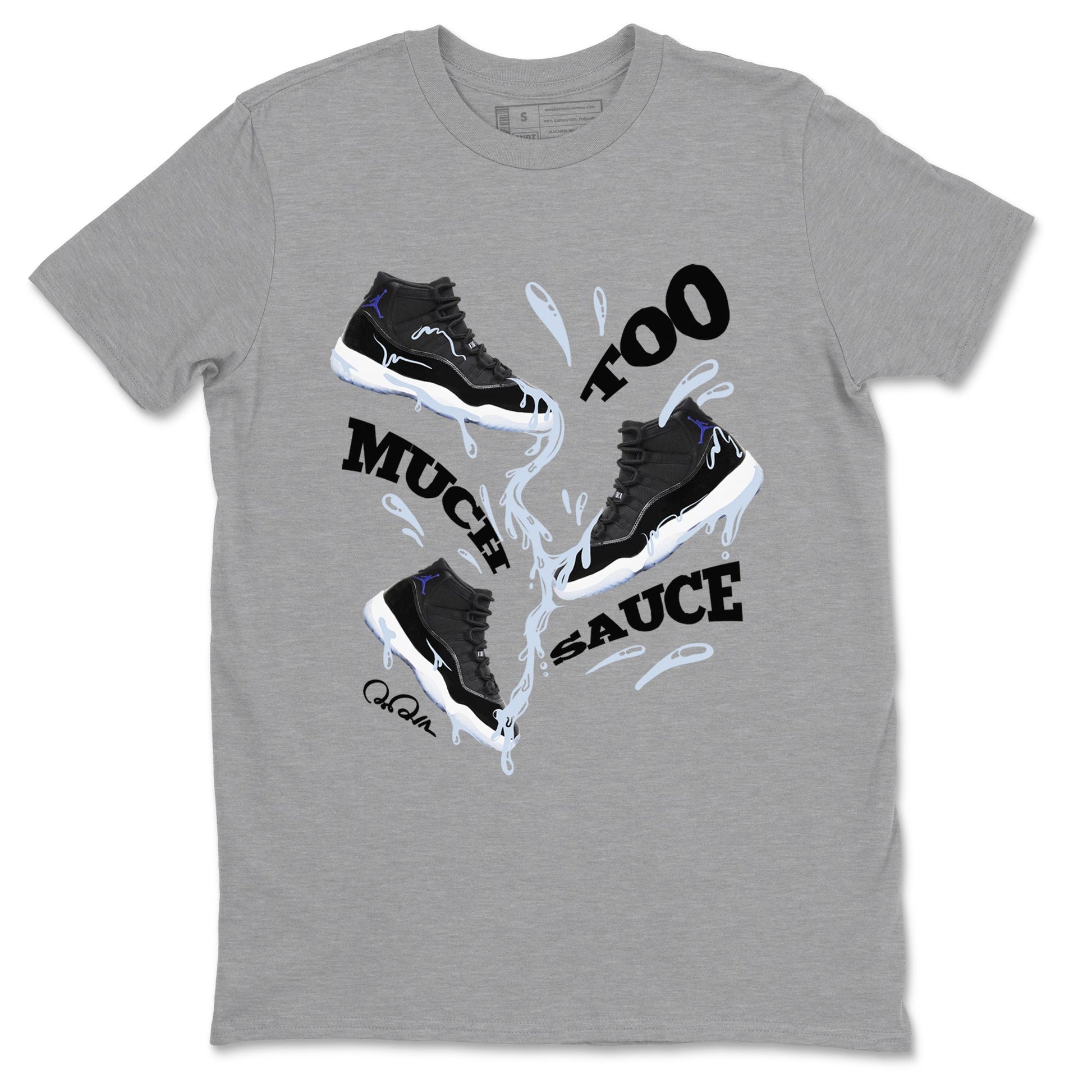 11s Black and Varsity Royal shirt to match jordans Too Much Sauce sneaker tees Air Jordan 11 Black/Varsity Royal SNRT Sneaker Release Tees Unisex Heather Grey 2 T-Shirt
