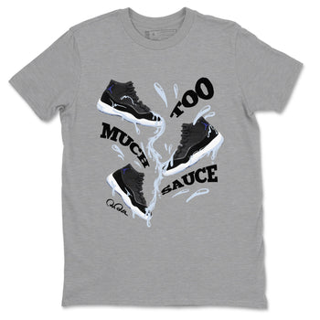 11s Black and Varsity Royal shirt to match jordans Too Much Sauce sneaker tees Air Jordan 11 Black/Varsity Royal SNRT Sneaker Release Tees Unisex Heather Grey 2 T-Shirt