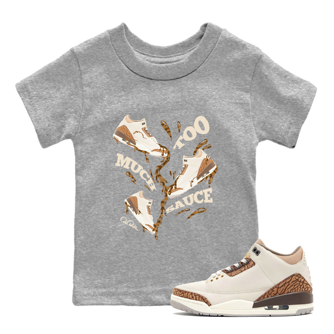 Air Jordan 3 Palomino Sneaker Match Tees Too Much Sauce Sneaker Tees AJ3 Palomino Sneaker Release Tees Kids Shirts Heather Grey 1