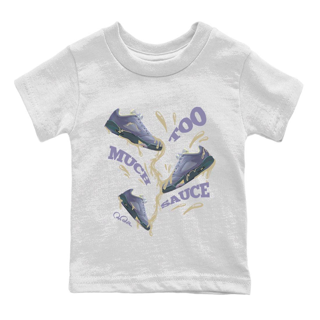 Air Jordan 5 Indigo Haze Sneaker Match Tees Too Much Sauce Sneaker Tees AJ5 Indigo Haze Sneaker Release Tees Kids Shirts White 2