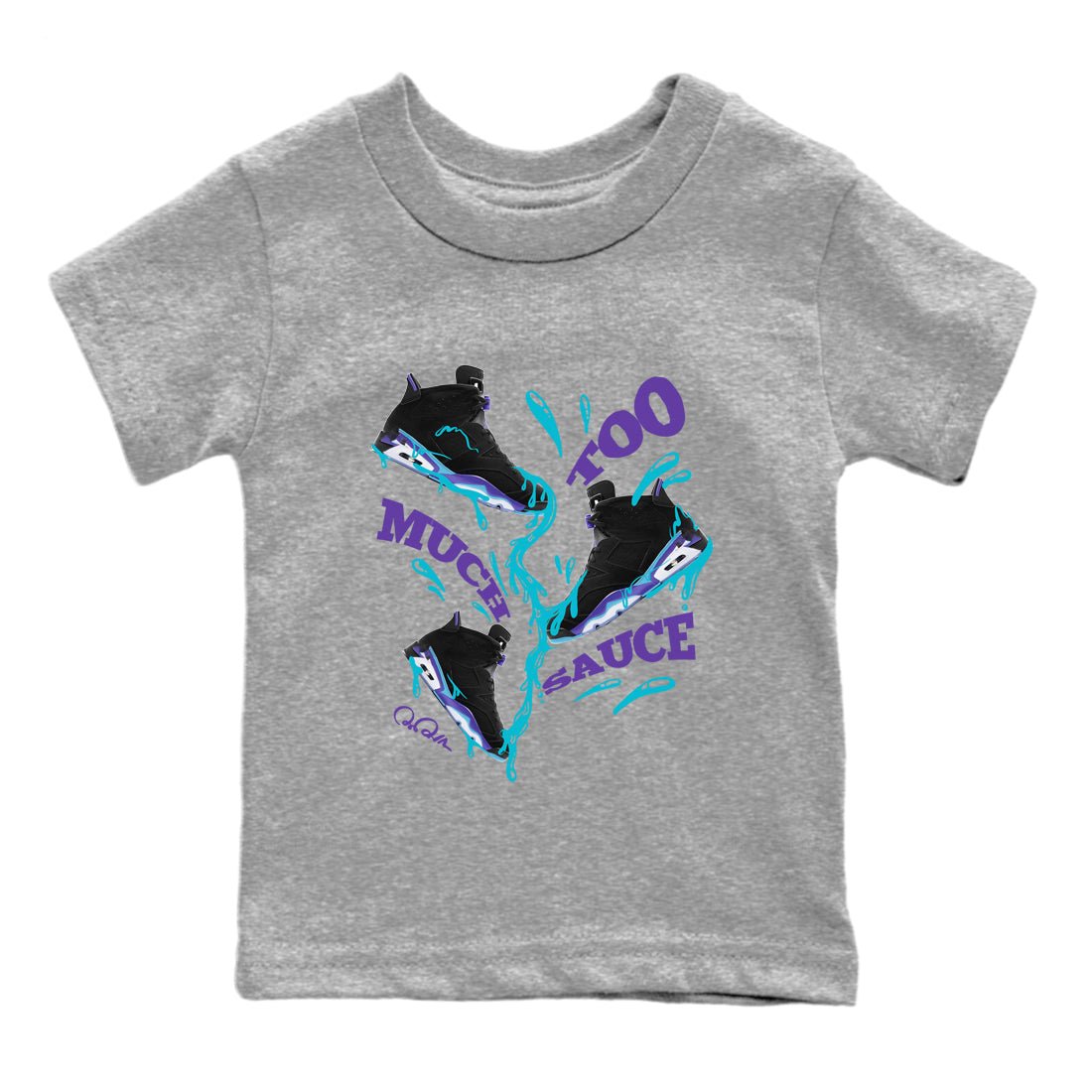 Air Jordan 6 Aqua Sneaker Match Tees Too Much Sauce Sneaker Tees AJ6 Aqua Sneaker Release Tees Kids Shirts Heather Grey 2