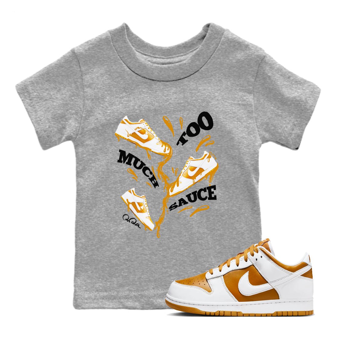 Dunk Dark Curry shirt to match jordans Too Much Sauce sneaker tees AJ1 Low Dark Curry SNRT sneaker release tees baby toddler Heather Grey 1 cotton Shirt