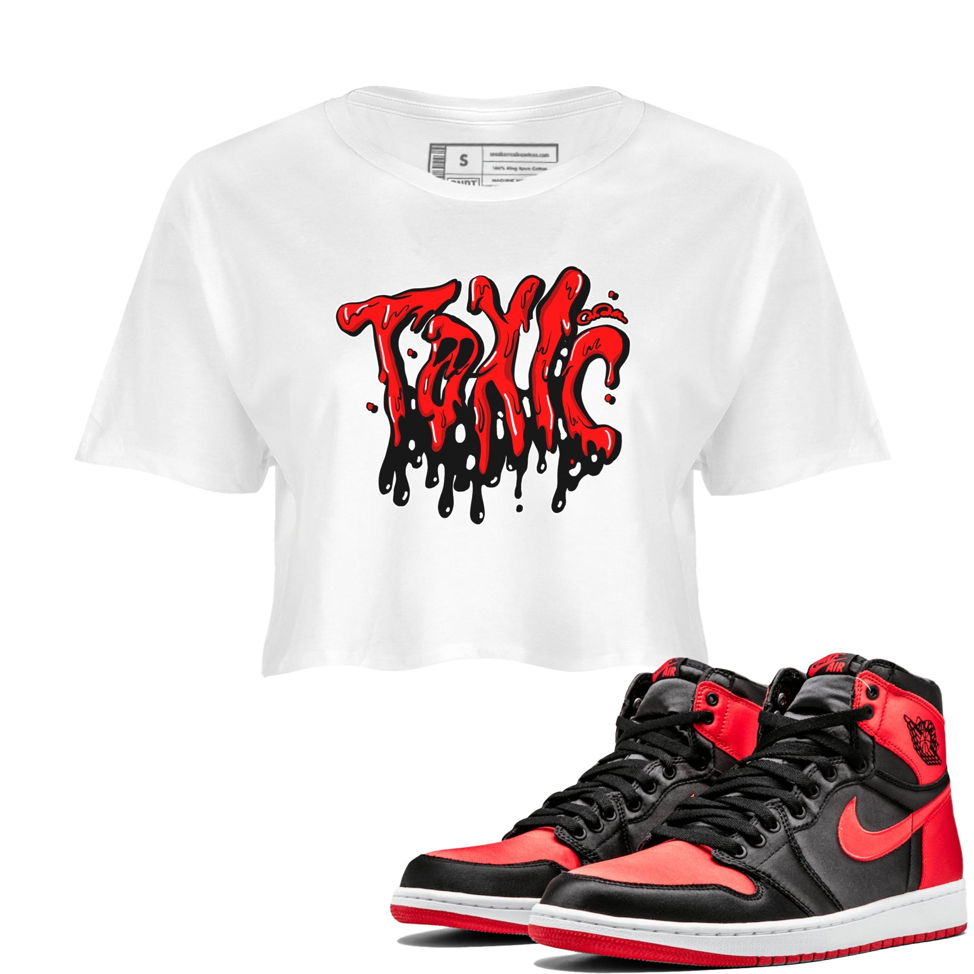 Air Jordan 1 Satin Bred shirt to match jordans Toxic sneaker tees AJ1Satin Bred SNRT Sneaker Release Tees White 1 Crop T-Shirt