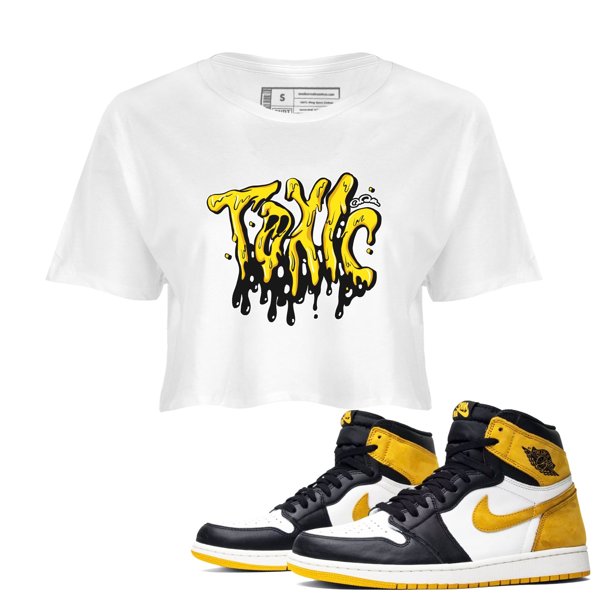 1s Yellow Ochre shirt to match jordans Toxic sneaker tees Air Jordan 1 Yellow Ochre SNRT Sneaker Release Tees White 1 crop length shirt