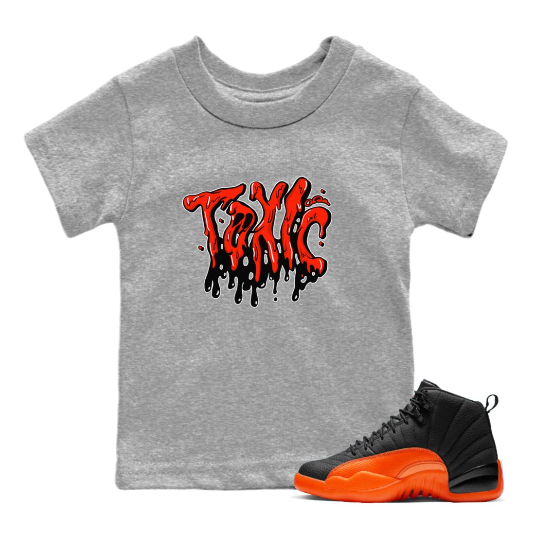 Air Jordan 12 Brilliant Orange Sneaker Match Tees Toxic Sneaker Tees AJ12 Brilliant Orange Sneaker Release Tees Kids Shirts Heather Grey 1