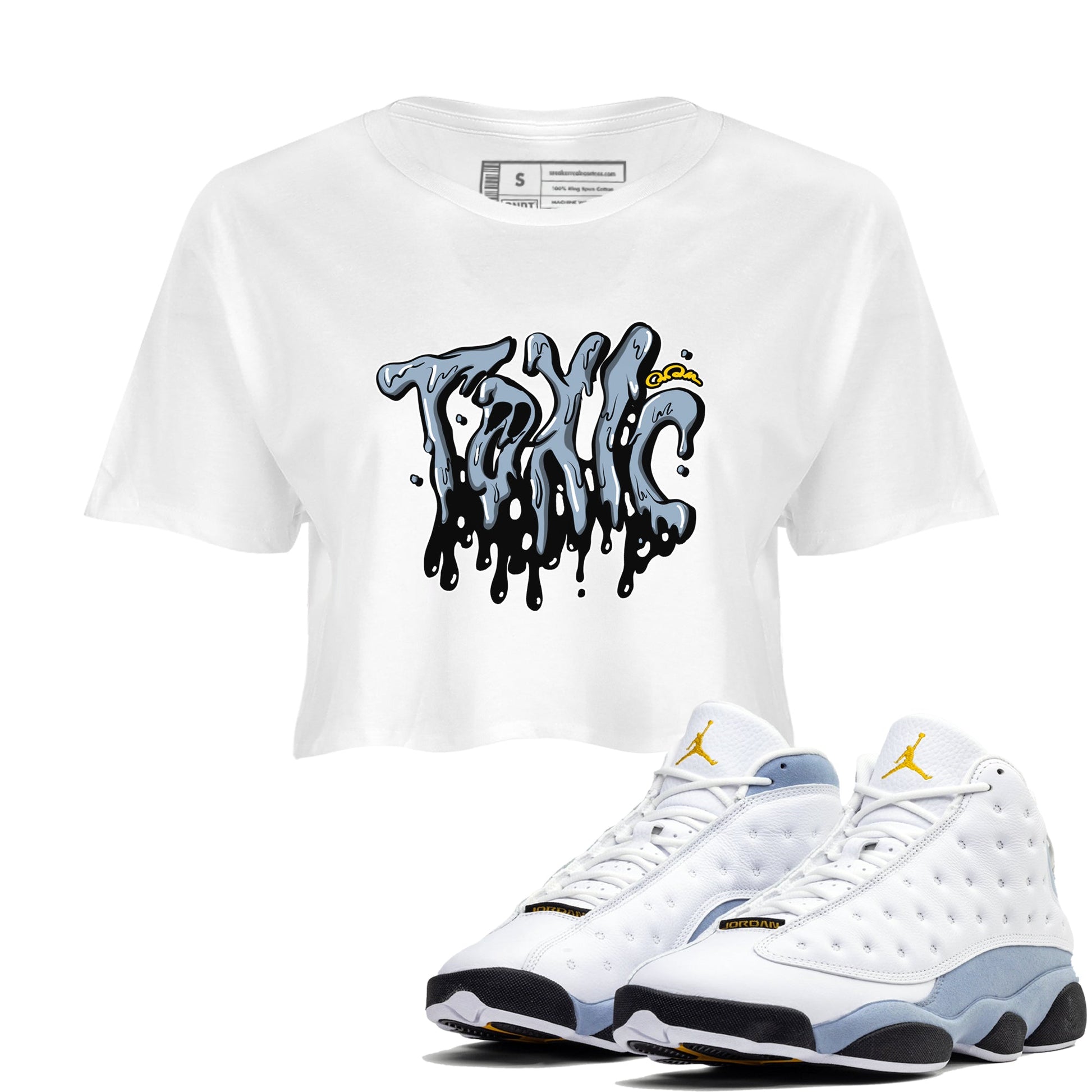 Air Jordan 13 Blue Grey shirt to match jordans Toxic sneaker tees AJ13 Blue Grey SNRT Sneaker Release Tees White 1 crop length shirt