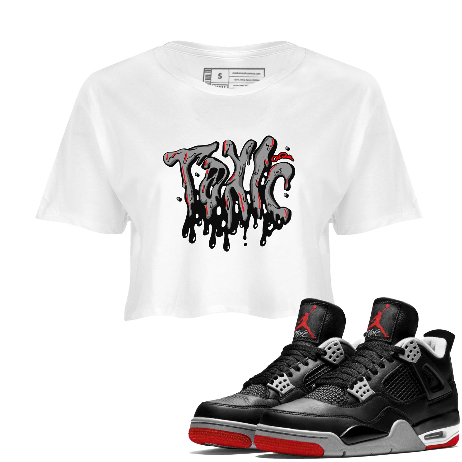 Air Jordan 4 Bred Reimagined shirt to match jordans Toxic sneaker tees AJ4 Bred Reimagined SNRT Sneaker Release Tees White 1 crop length shirt