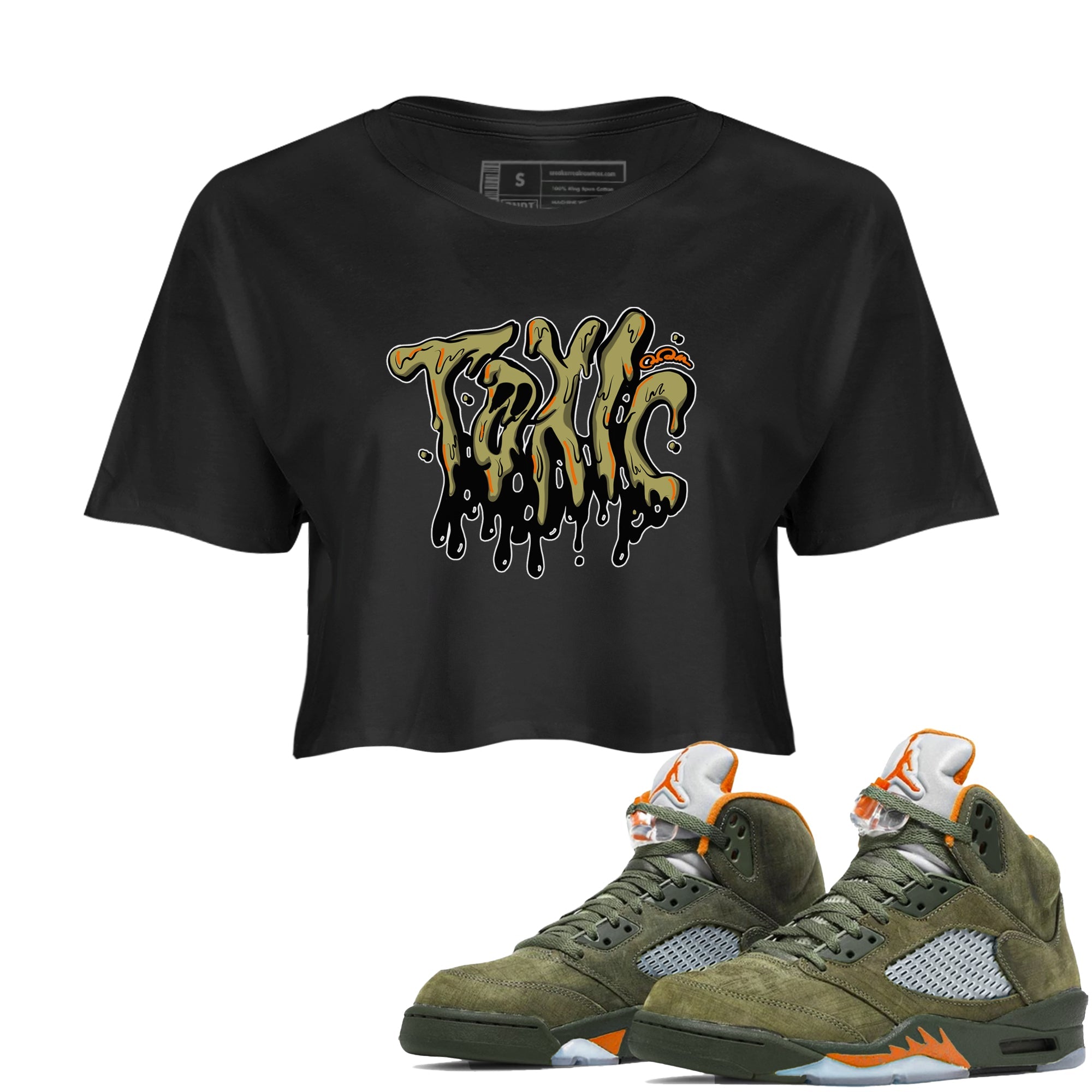 Air Jordan 5 Olive shirt to match jordans Toxic sneaker tees AJ5 Olive SNRT Sneaker Release Tees Black 1 crop length shirt