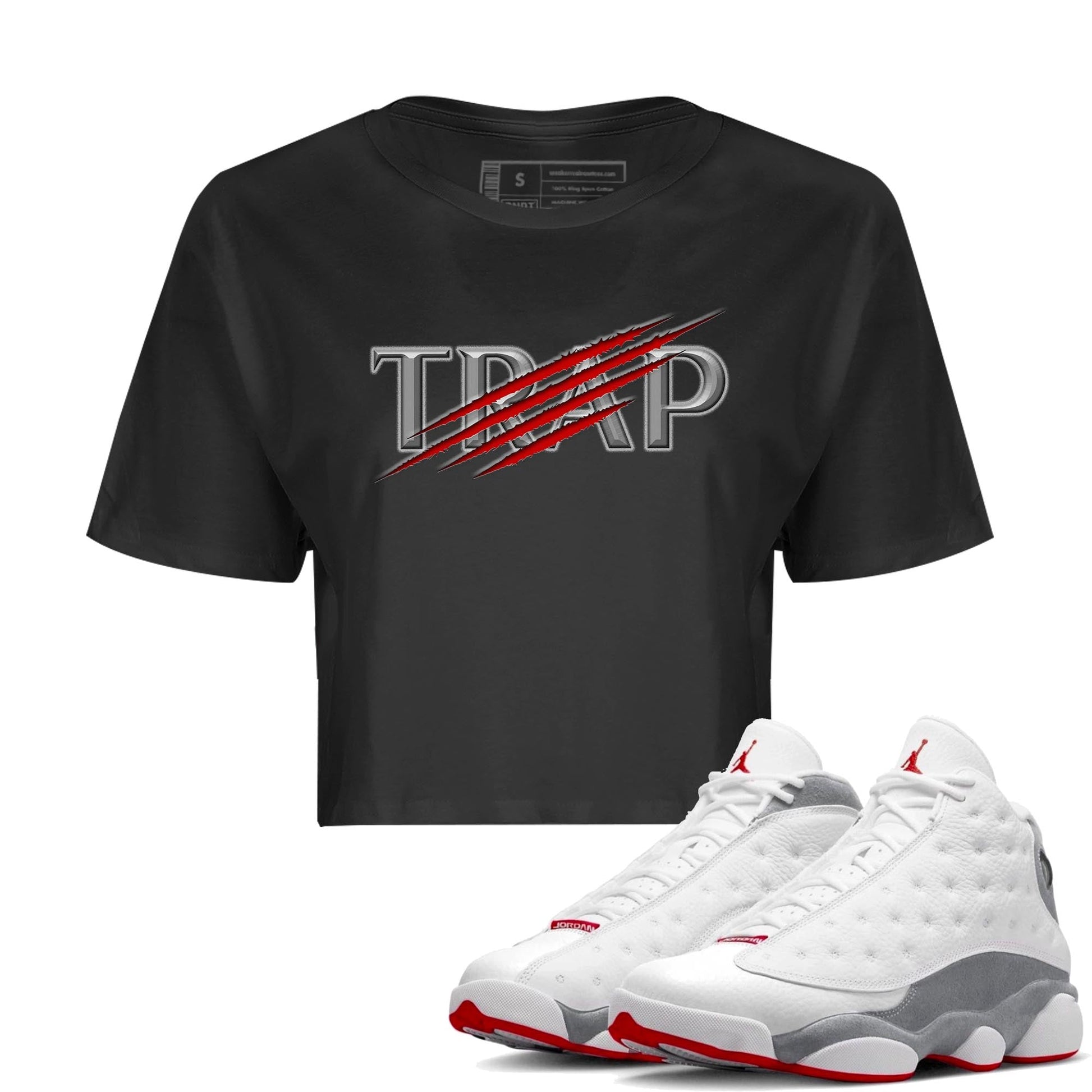 AJ13 Wolf Grey Sneaker Match Tees Trap Sneaker Tees Air Jordan 13 Wolf Grey SNRT Sneaker Release Tees Women's Shirts Black 1