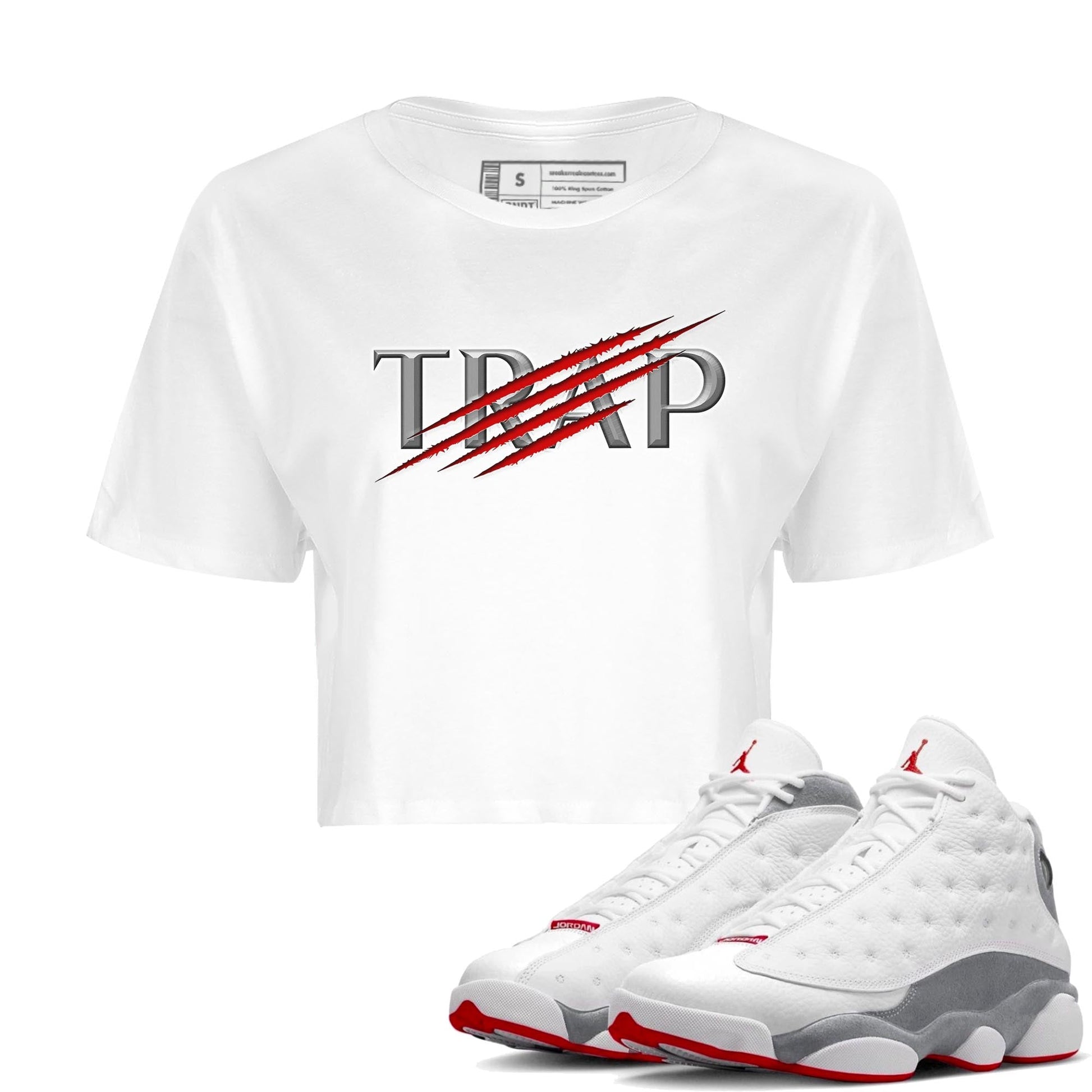 AJ13 Wolf Grey Sneaker Match Tees Trap Sneaker Tees Air Jordan 13 Wolf Grey SNRT Sneaker Release Tees Women's Shirts White 1