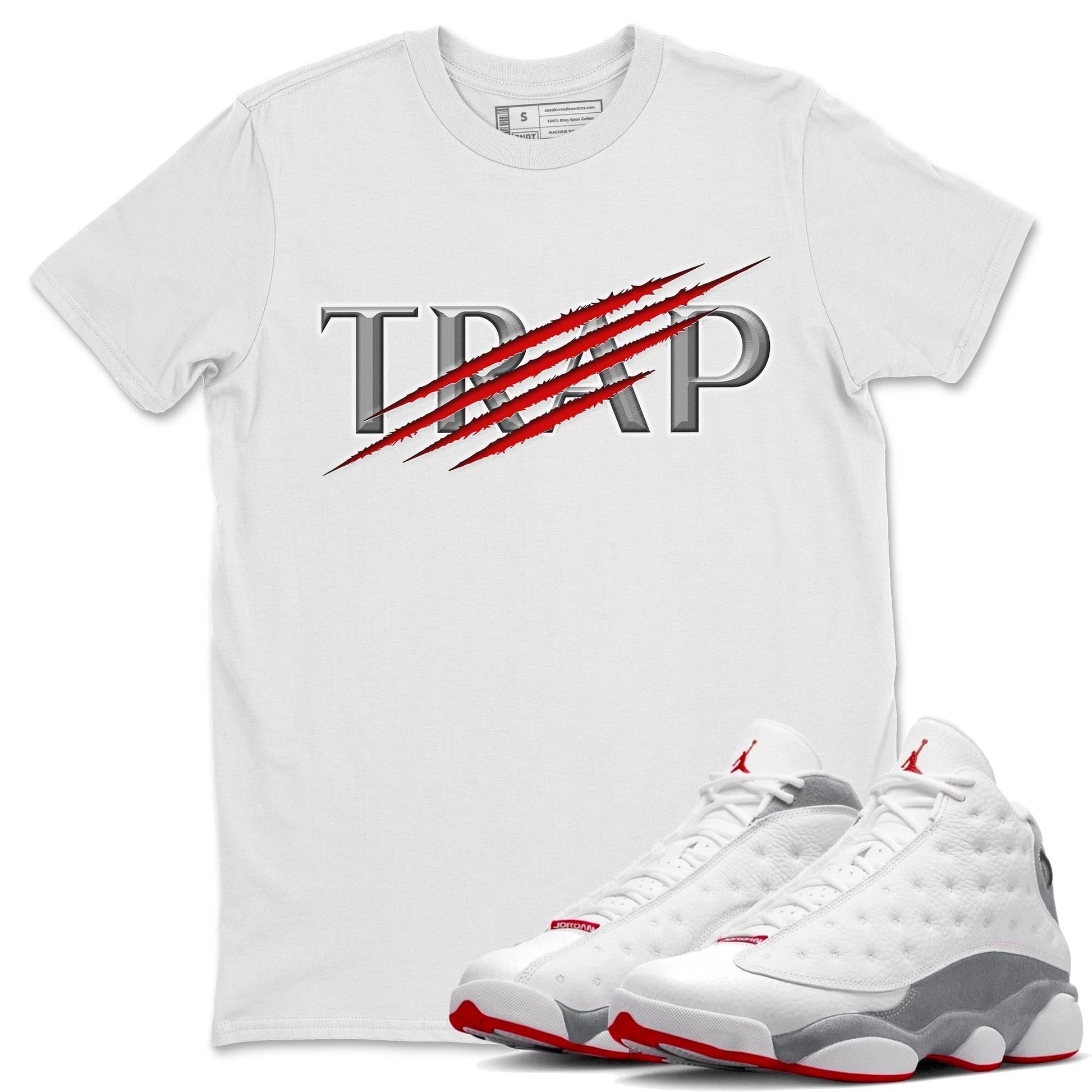 AJ13 Wolf Grey Sneaker Match Tees Trap Sneaker Tees Air Jordan 13 Wolf Grey SNRT Sneaker Release Tees Unisex Shirts White 1
