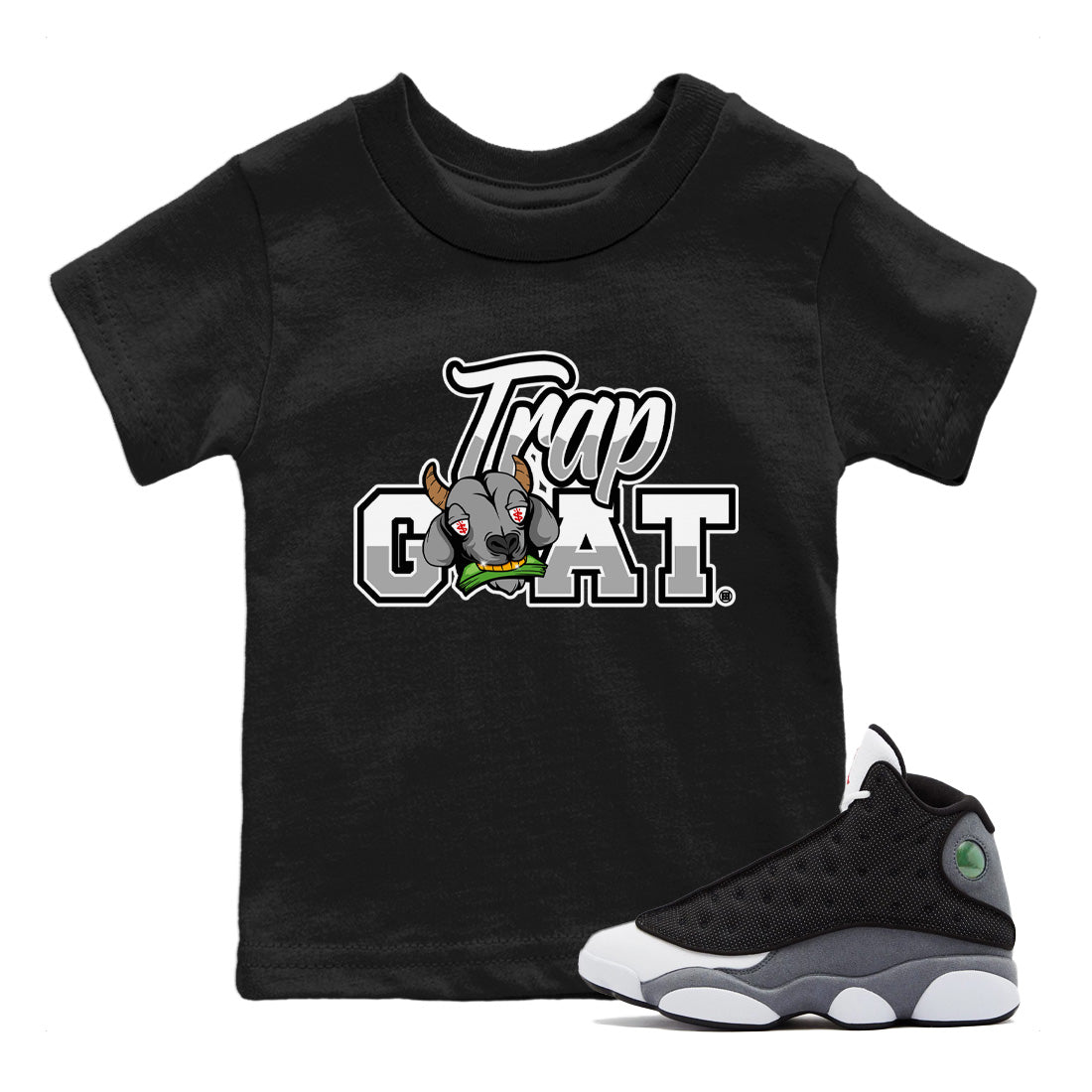 Air Jordan 13 Black Flint Sneaker Match Tees Trap Goat Sneaker Tees Air Jordan 13 Black Flint Sneaker Release Tees Kids Shirts Black 1