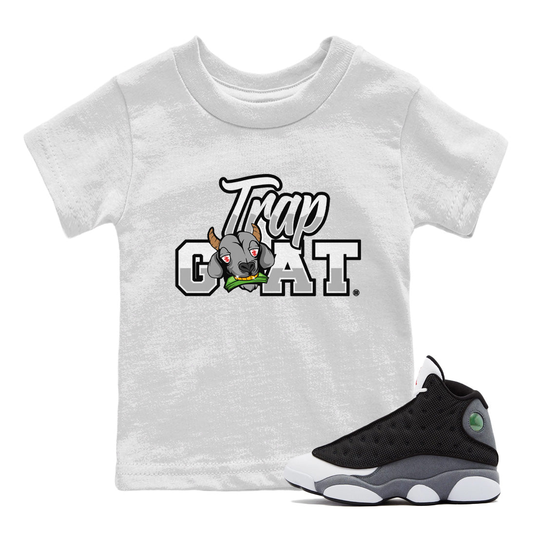 Air Jordan 13 Black Flint Sneaker Match Tees Trap Goat Sneaker Tees Air Jordan 13 Black Flint Sneaker Release Tees Kids Shirts White 1