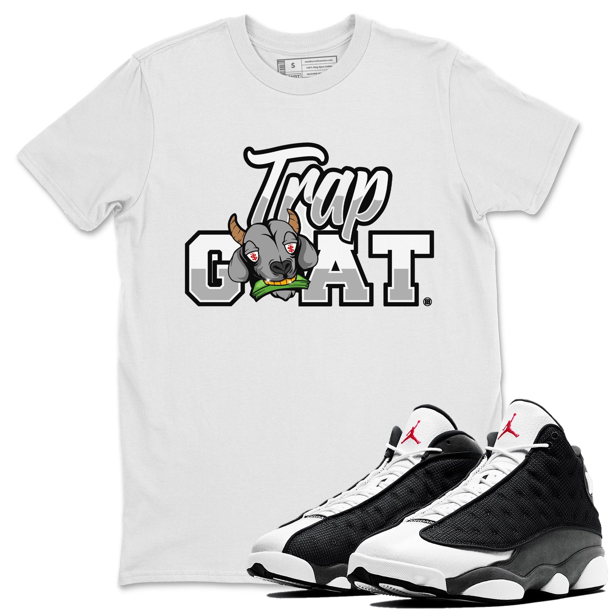 Air Jordan 13 Black Flint Sneaker Match Tees Trap Goat Sneaker Tees Air Jordan 13 Black Flint Sneaker Release Tees Unisex Shirts White 1