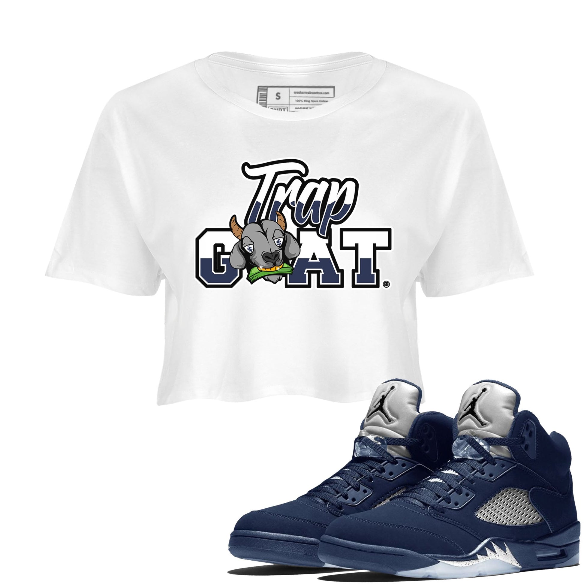Jordan 5 Retro Midnight Navy shirt to match jordans Trap Goat sneaker tees Air Jordan 5 Midnight Navy SNRT Sneaker Release Tees White 1 Crop T-Shirt