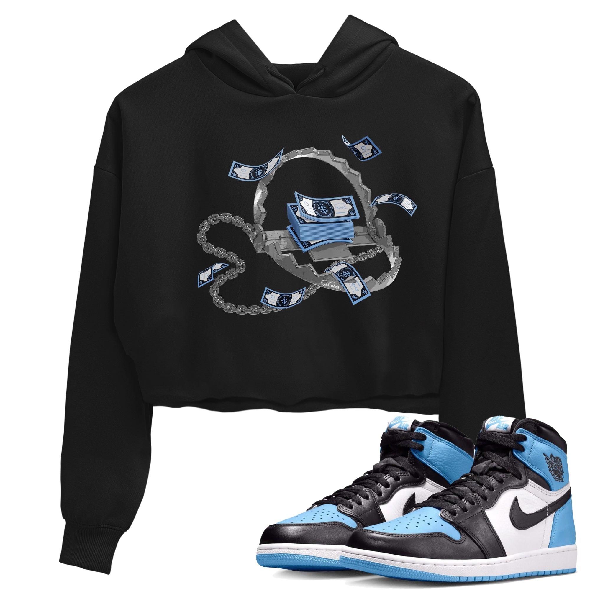 Air Jordan 1 Retro High OG UNC Toe Shirt to match Jordans Trap Money Sneaker Tees AJ1 UNC Toe SNRT Sneaker Release Tees Crop T-Shirts Black 1