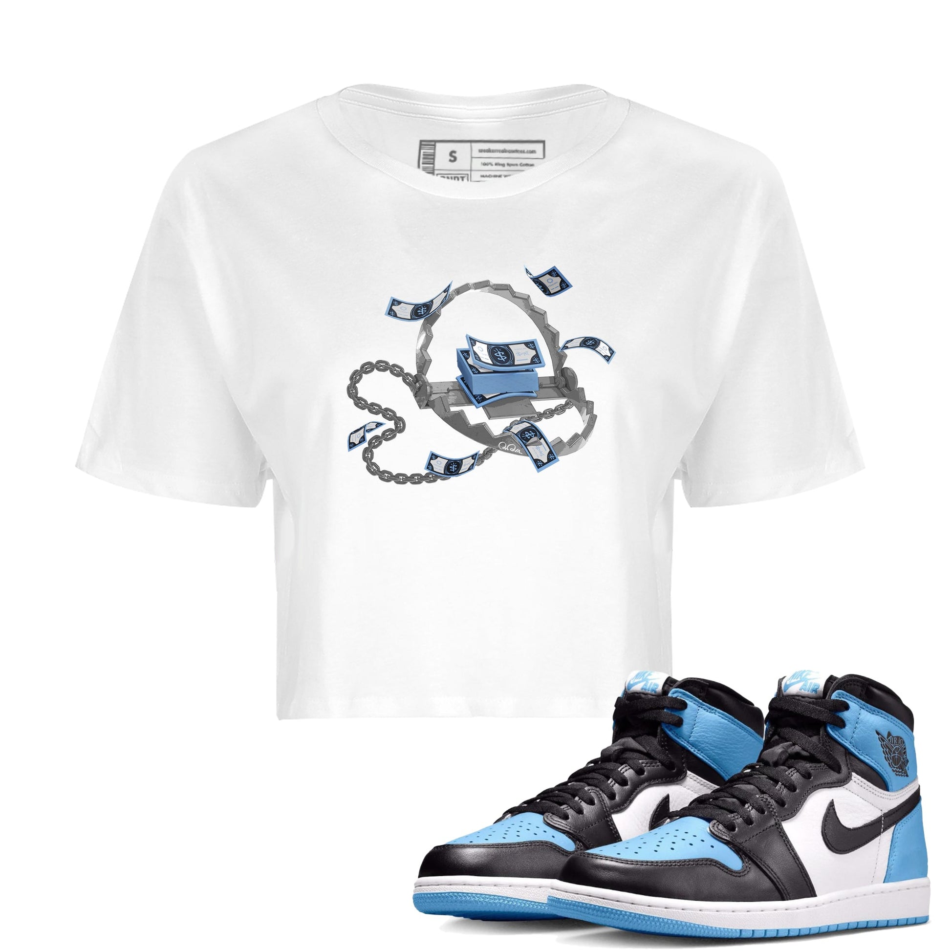 Air Jordan 1 Retro High OG UNC Toe Shirt to match Jordans Trap Money Sneaker Tees AJ1 UNC Toe SNRT Sneaker Release Tees Crop T-Shirts White 1