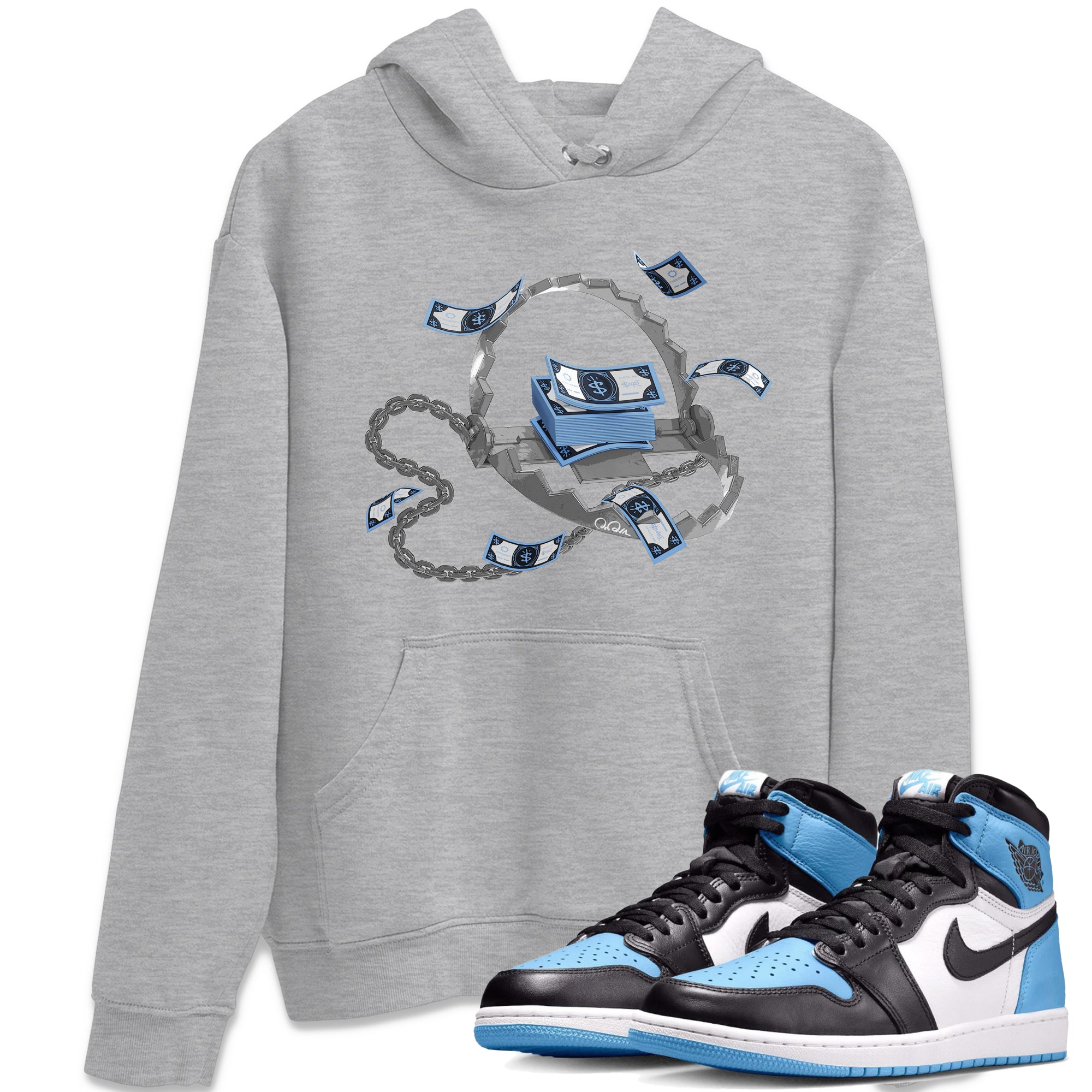 Air Jordan 1 Retro High OG UNC Toe Shirt to match Jordans Trap Money Sneaker Tees AJ1 UNC Toe SNRT Sneaker Release Tees Crew Neck T-Shirts Heather Grey 1