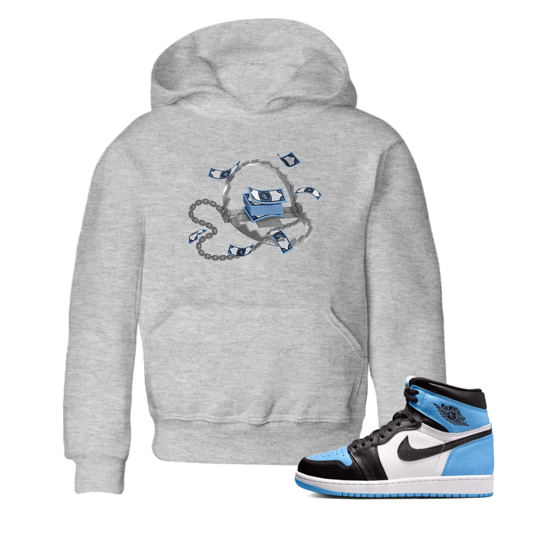 Air Jordan 1 Retro High OG UNC Toe Shirt to match Jordans Trap Money Sneaker Tees AJ1 UNC Toe SNRT Sneaker Release Tees Kids and Baby Tees Heather Grey 1