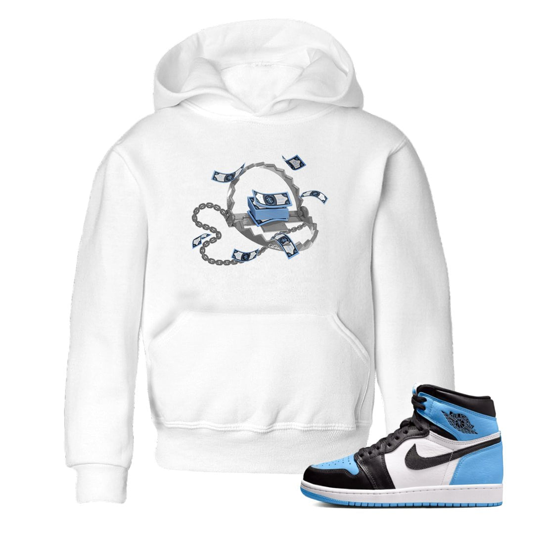 Air Jordan 1 Retro High OG UNC Toe Shirt to match Jordans Trap Money Sneaker Tees AJ1 UNC Toe SNRT Sneaker Release Tees Kids and Baby Tees White 1