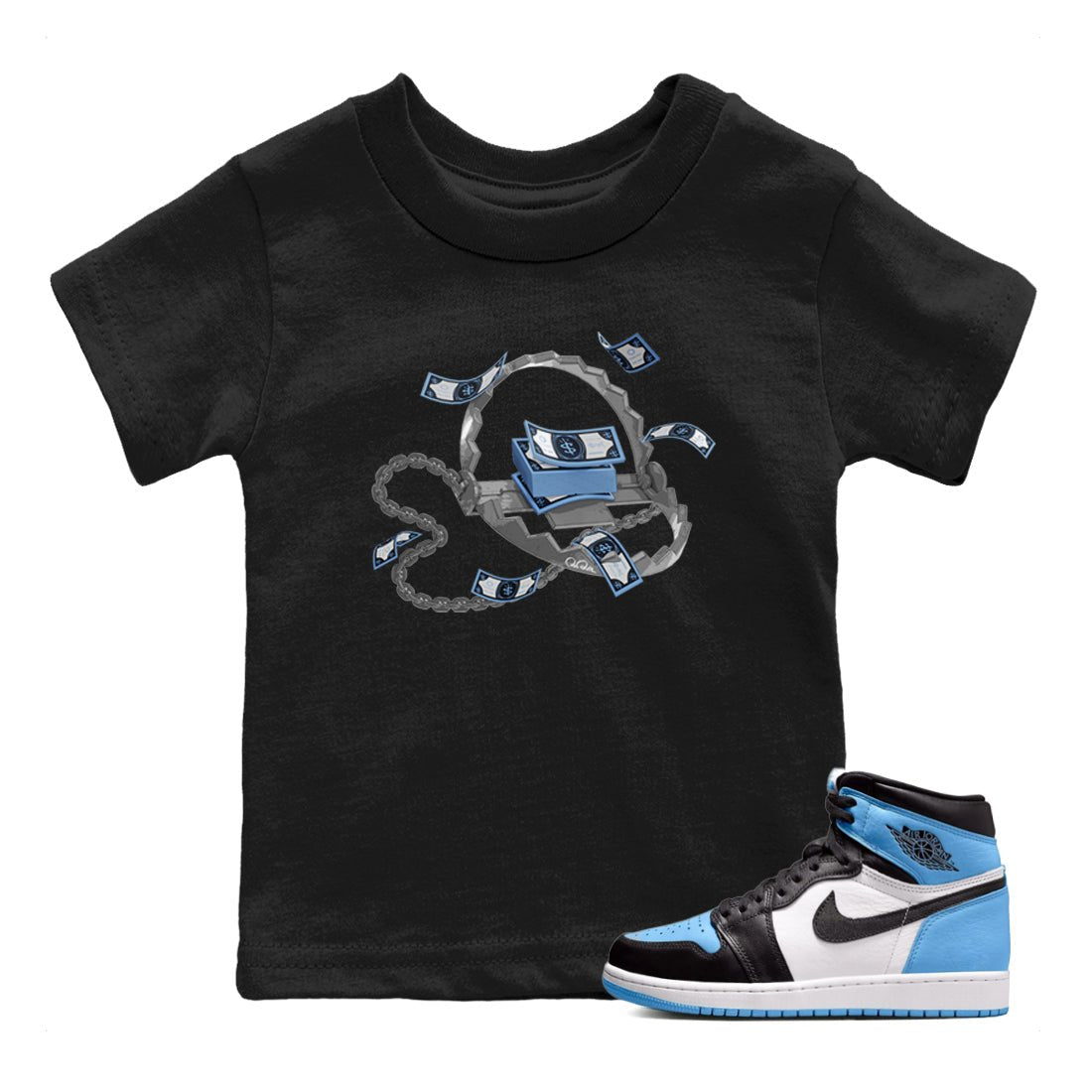 Air Jordan 1 Retro High OG UNC Toe Shirt to match Jordans Trap Money Sneaker Tees AJ1 UNC Toe SNRT Sneaker Release Tees Kids and Baby Tees Black 1