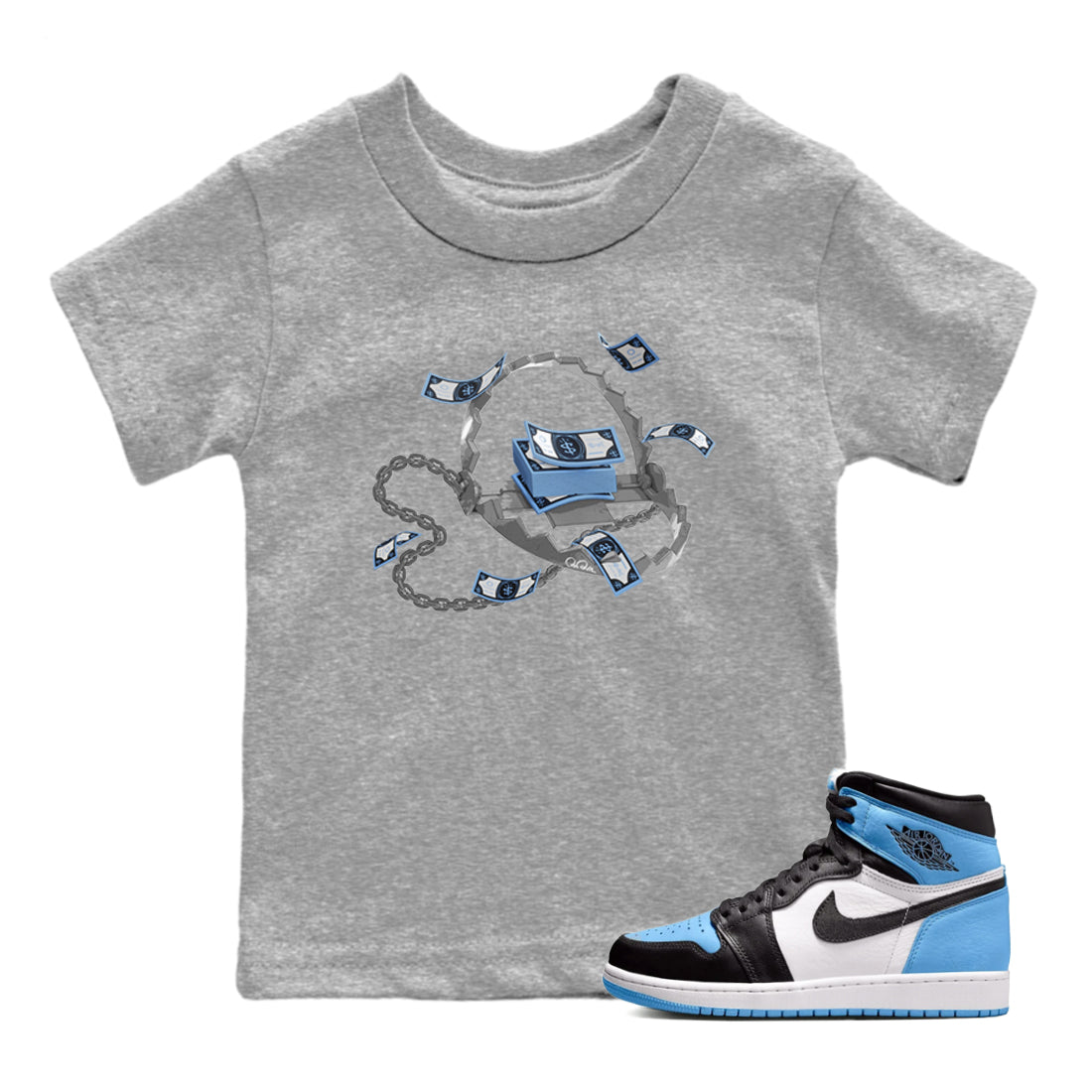 Air Jordan 1 Retro High OG UNC Toe Shirt to match Jordans Trap Money Sneaker Tees AJ1 UNC Toe SNRT Sneaker Release Tees Kids and Baby Tees Heather Grey 1